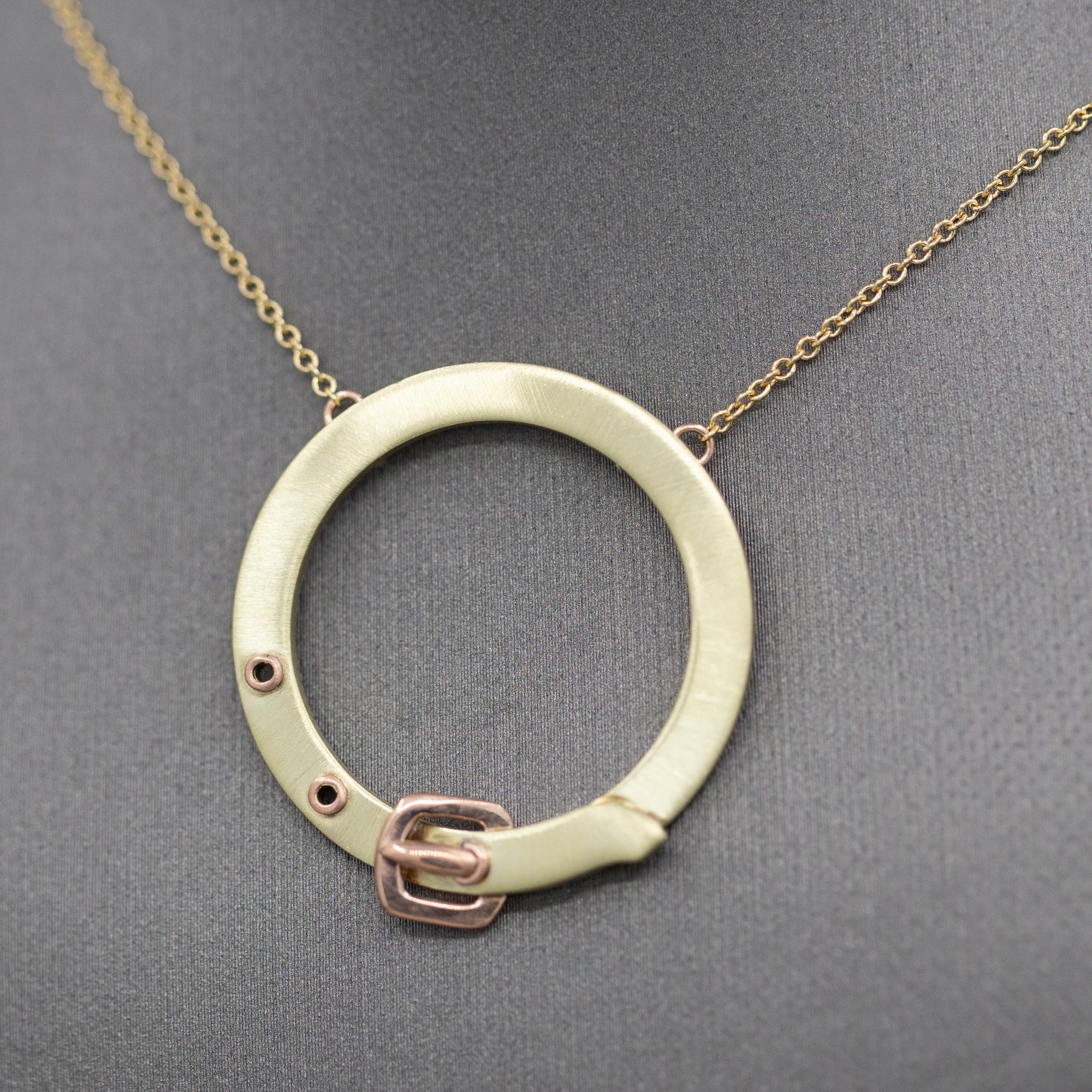 Upcycled Victorian Two Tone Buckle Circle Necklace in 14k Rose and Yellow Gold