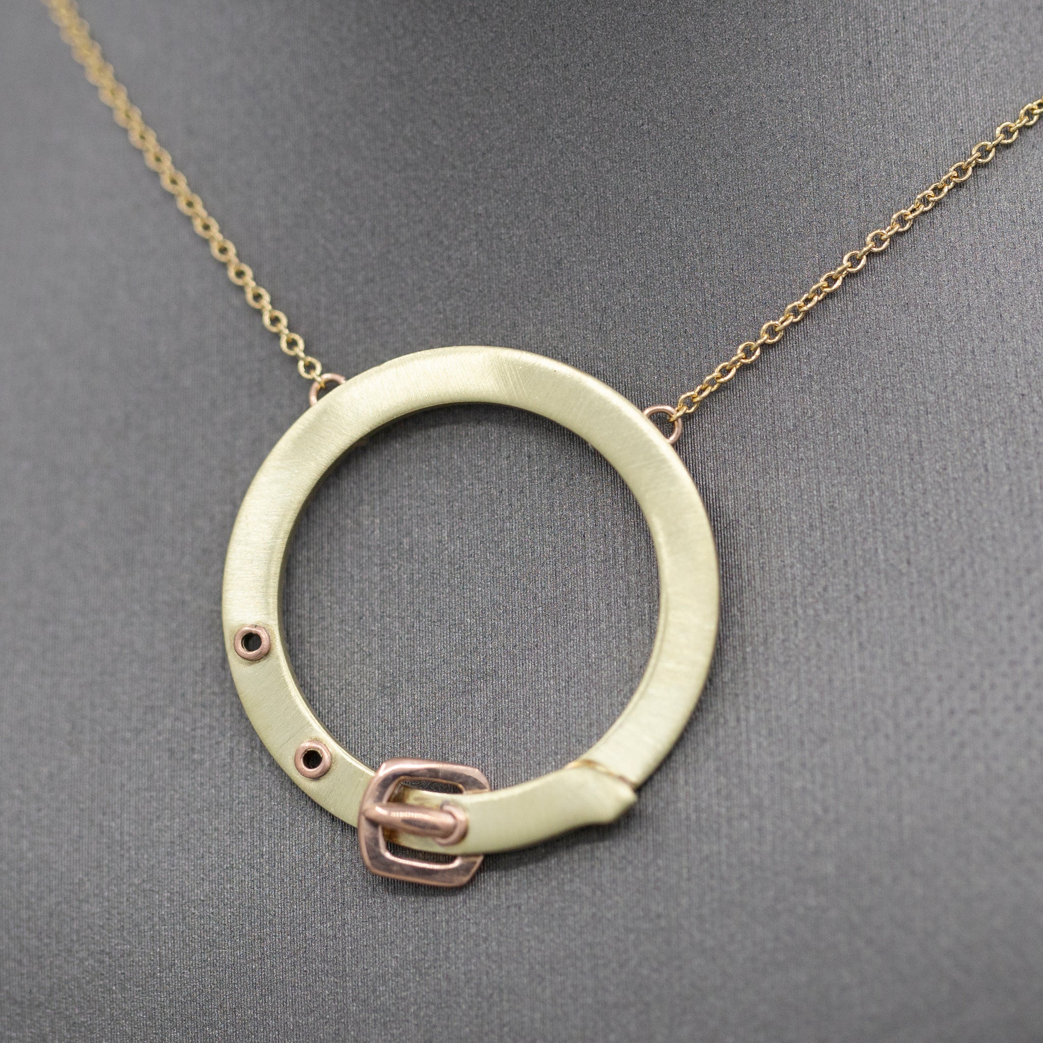 Upcycled Victorian Two Tone Buckle Circle Necklace in 14k Rose and Yellow Gold