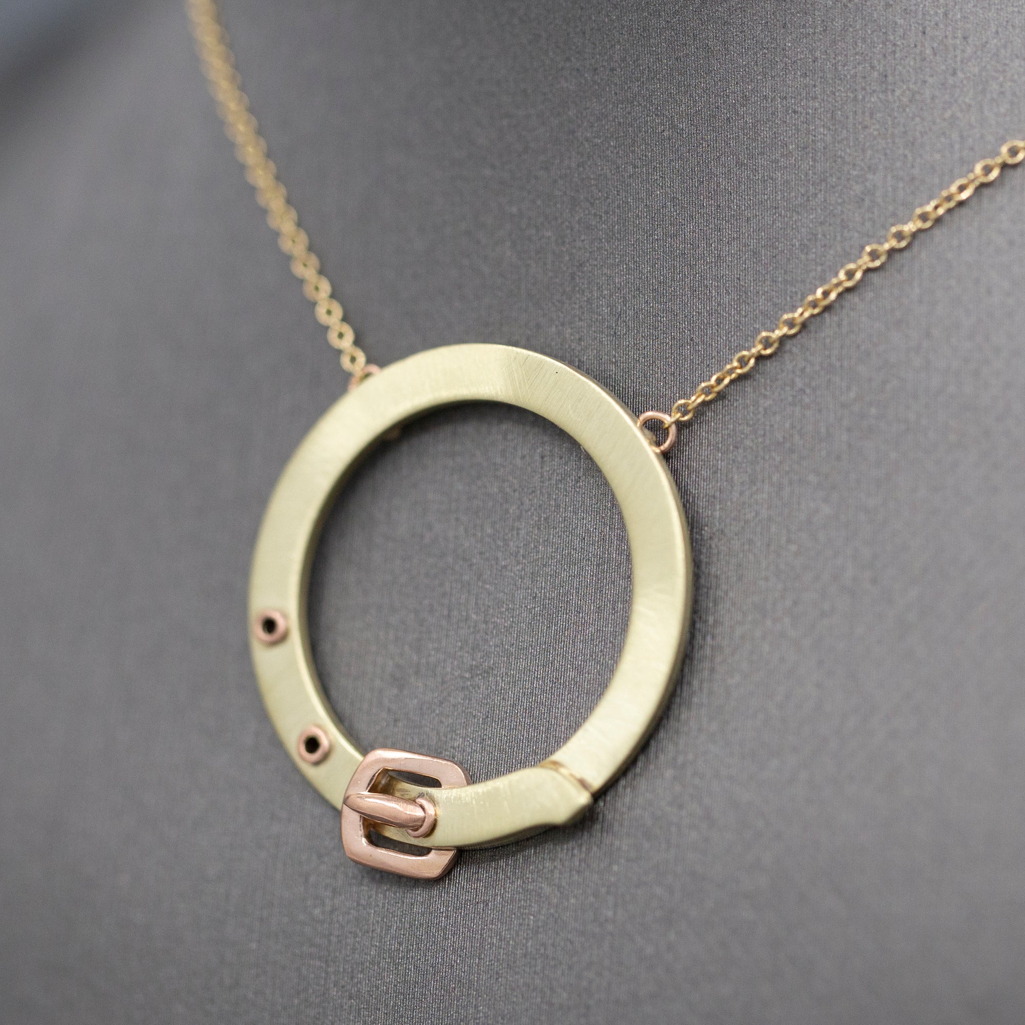 Upcycled Victorian Two Tone Buckle Circle Necklace in 14k Rose and Yellow Gold