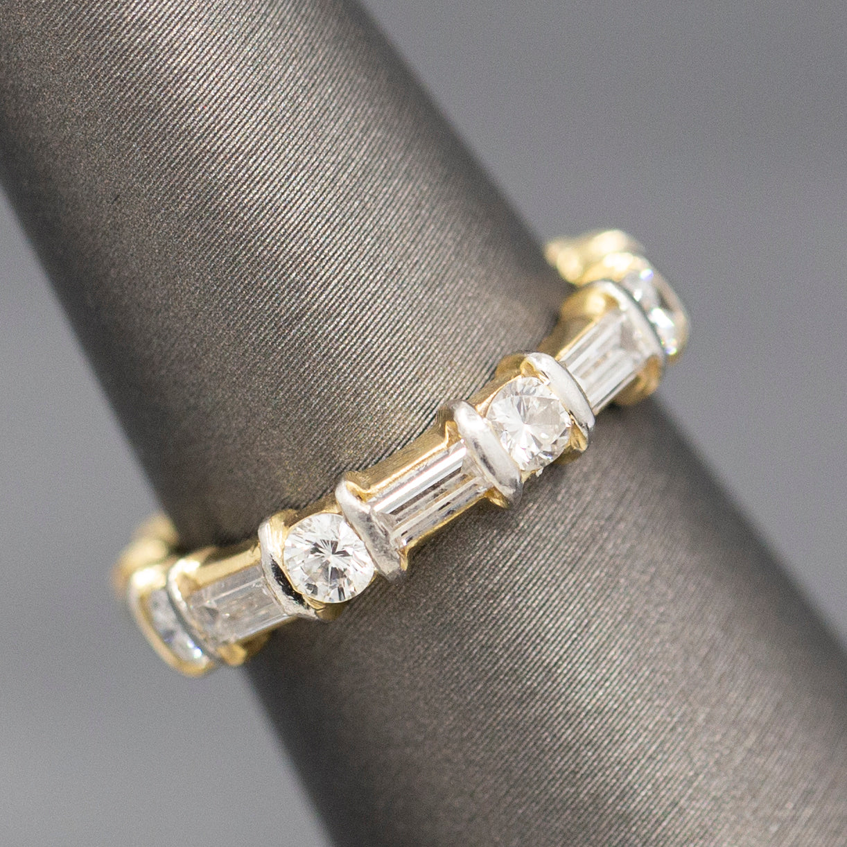 Sparkling Baguette Cut and Round Cut Diamond Eternity Band Ring in 14k Yellow Gold Size 5.25