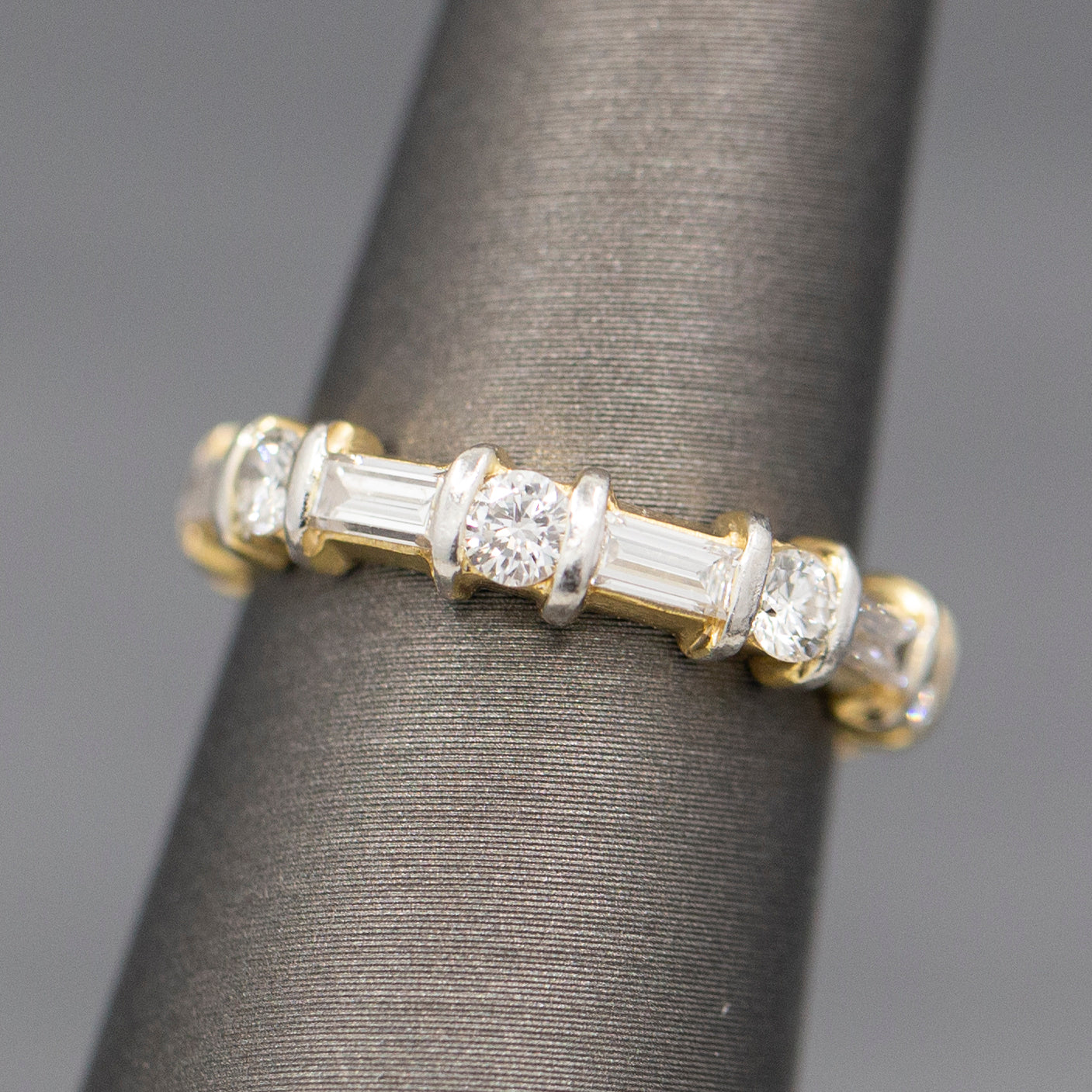 Sparkling Baguette Cut and Round Cut Diamond Eternity Band Ring in 14k Yellow Gold Size 5.25