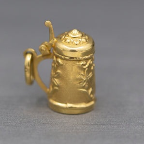 Floral Beer Stein Charm Pendant with Hinged Lid in Solid 14k Yellow Gold