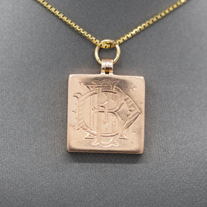 Antique Victorian Engraved Square Picture Locket in 14k Rose Gold and Platinum