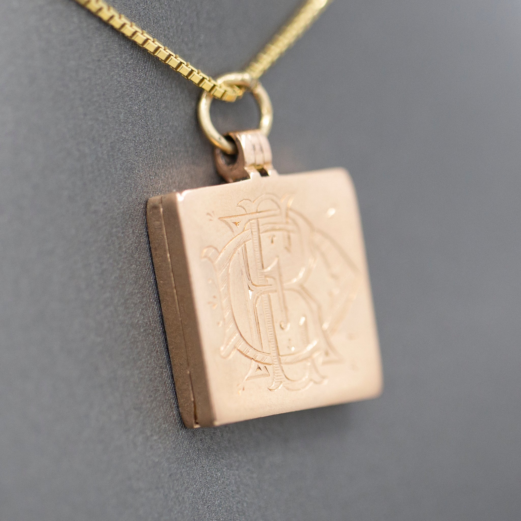 Antique Victorian Engraved Square Picture Locket in 14k Rose Gold and Platinum