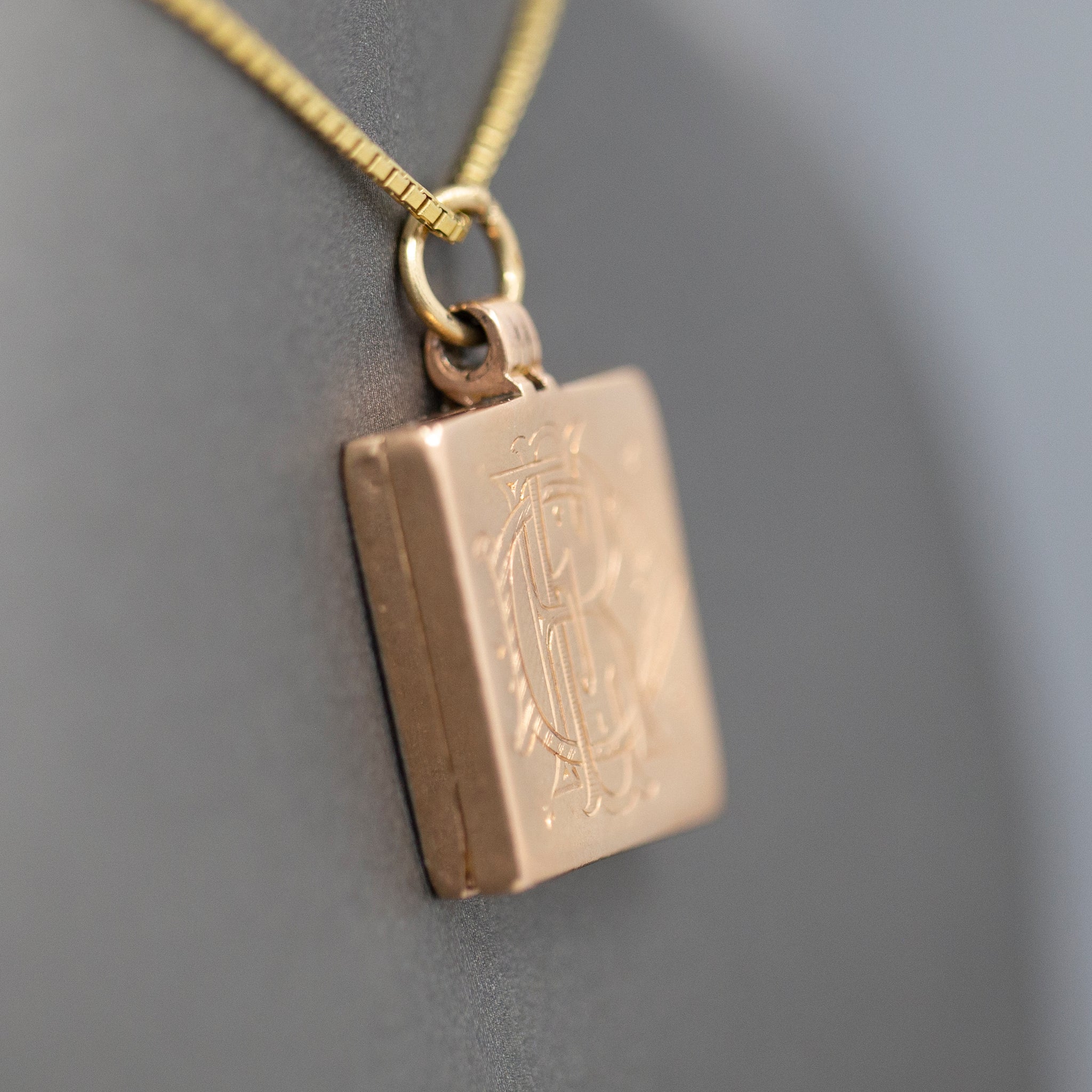 Antique Victorian Engraved Square Picture Locket in 14k Rose Gold and Platinum