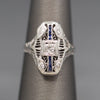Antique Art Deco Petite Sapphire and Diamond Dinner Cocktail Ring in 18k White Gold