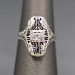 Antique Art Deco Petite Sapphire and Diamond Dinner Cocktail Ring in 18k White Gold