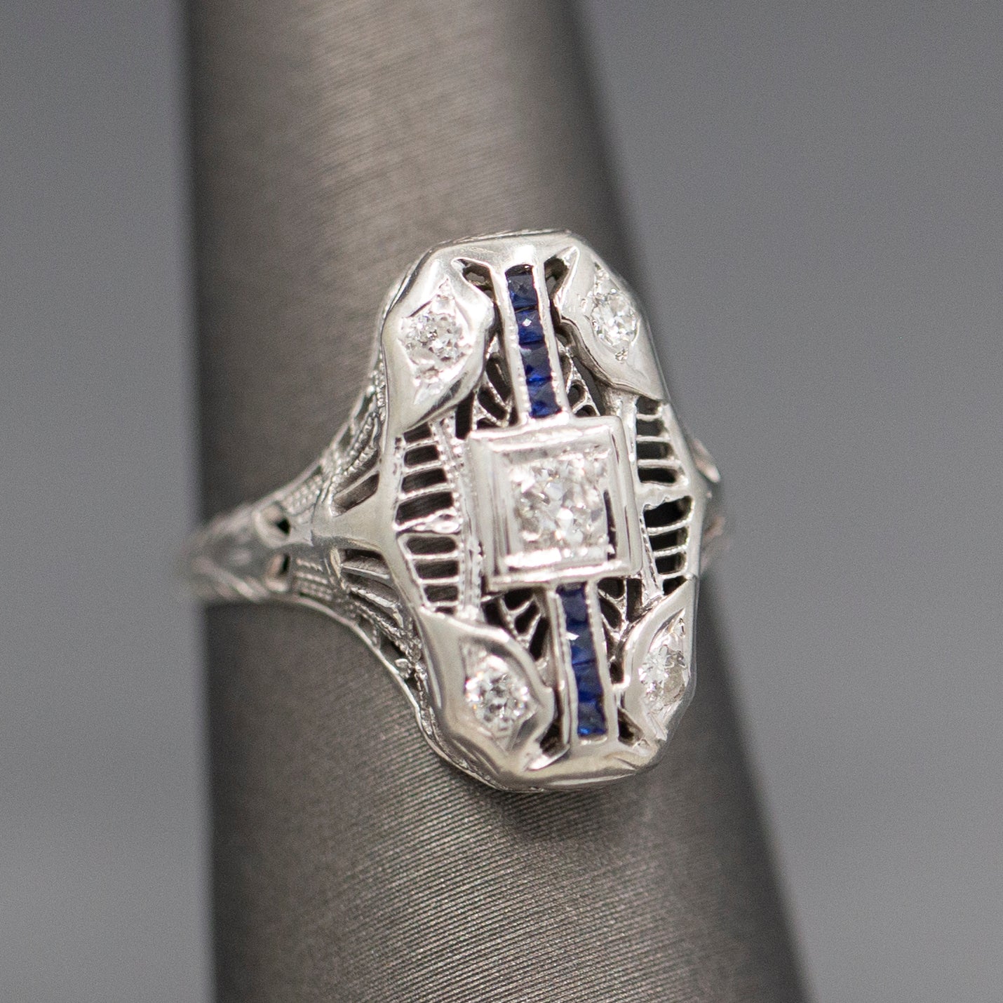 Antique Art Deco Petite Sapphire and Diamond Dinner Cocktail Ring in 18k White Gold