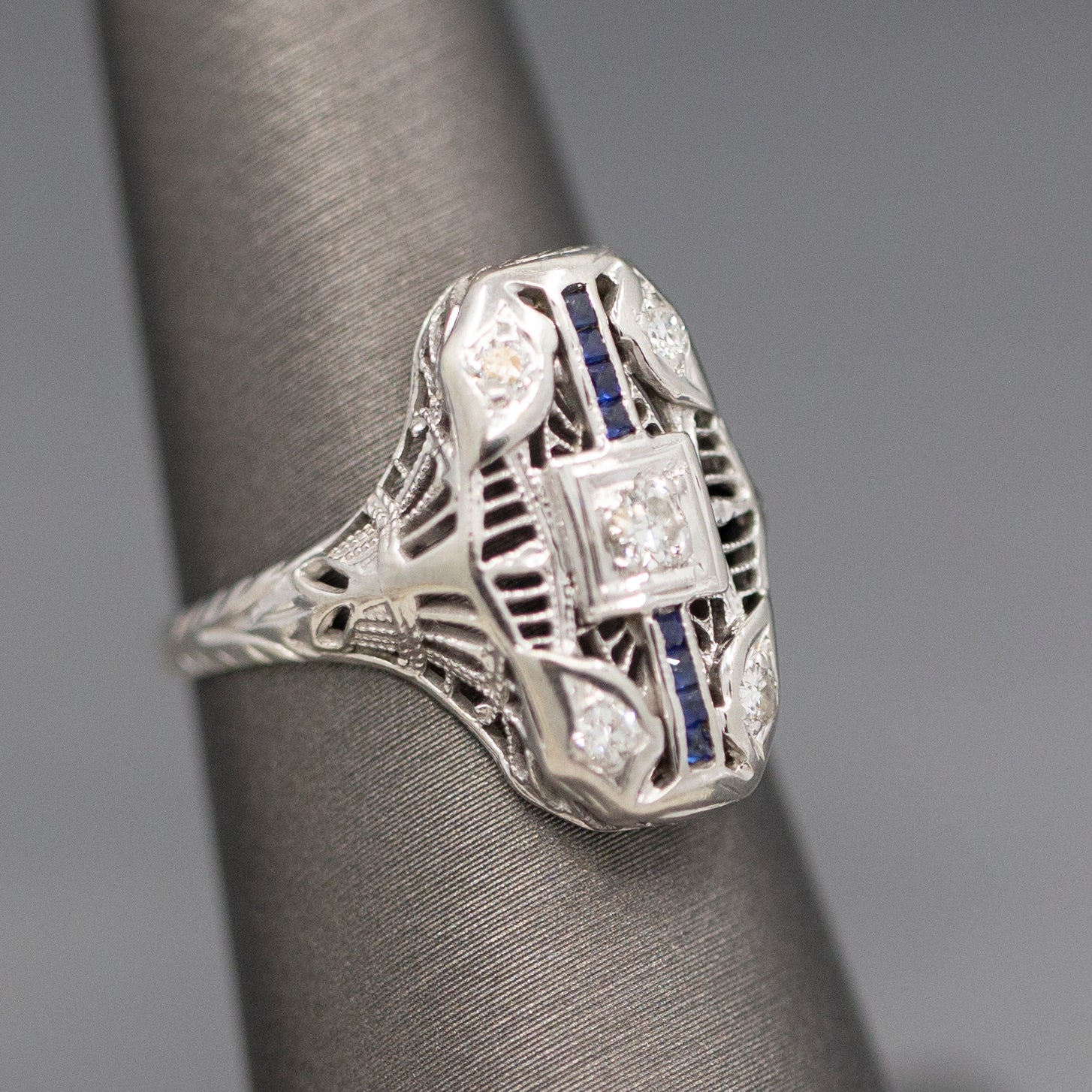 Antique Art Deco Petite Sapphire and Diamond Dinner Cocktail Ring in 18k White Gold