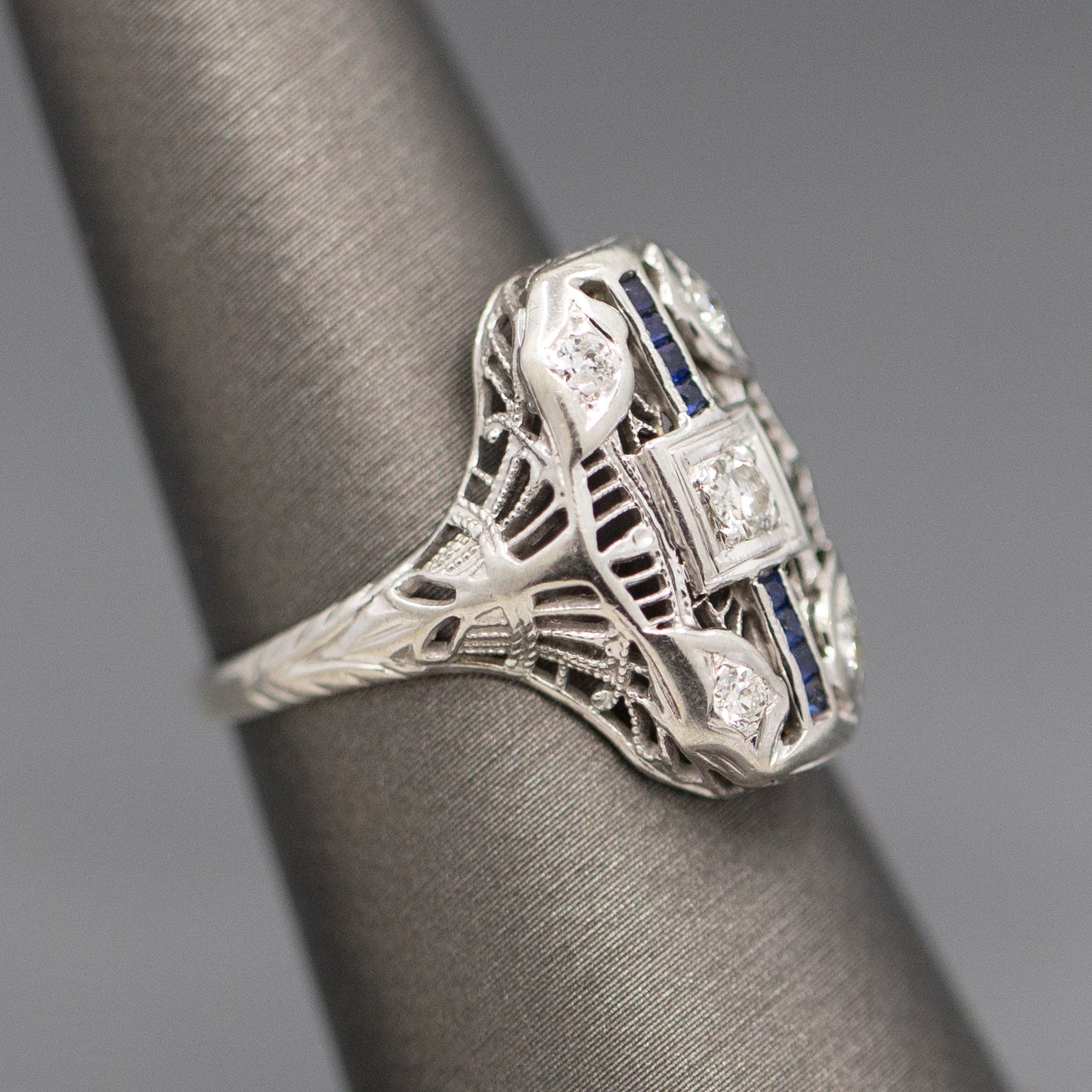 Antique Art Deco Petite Sapphire and Diamond Dinner Cocktail Ring in 18k White Gold