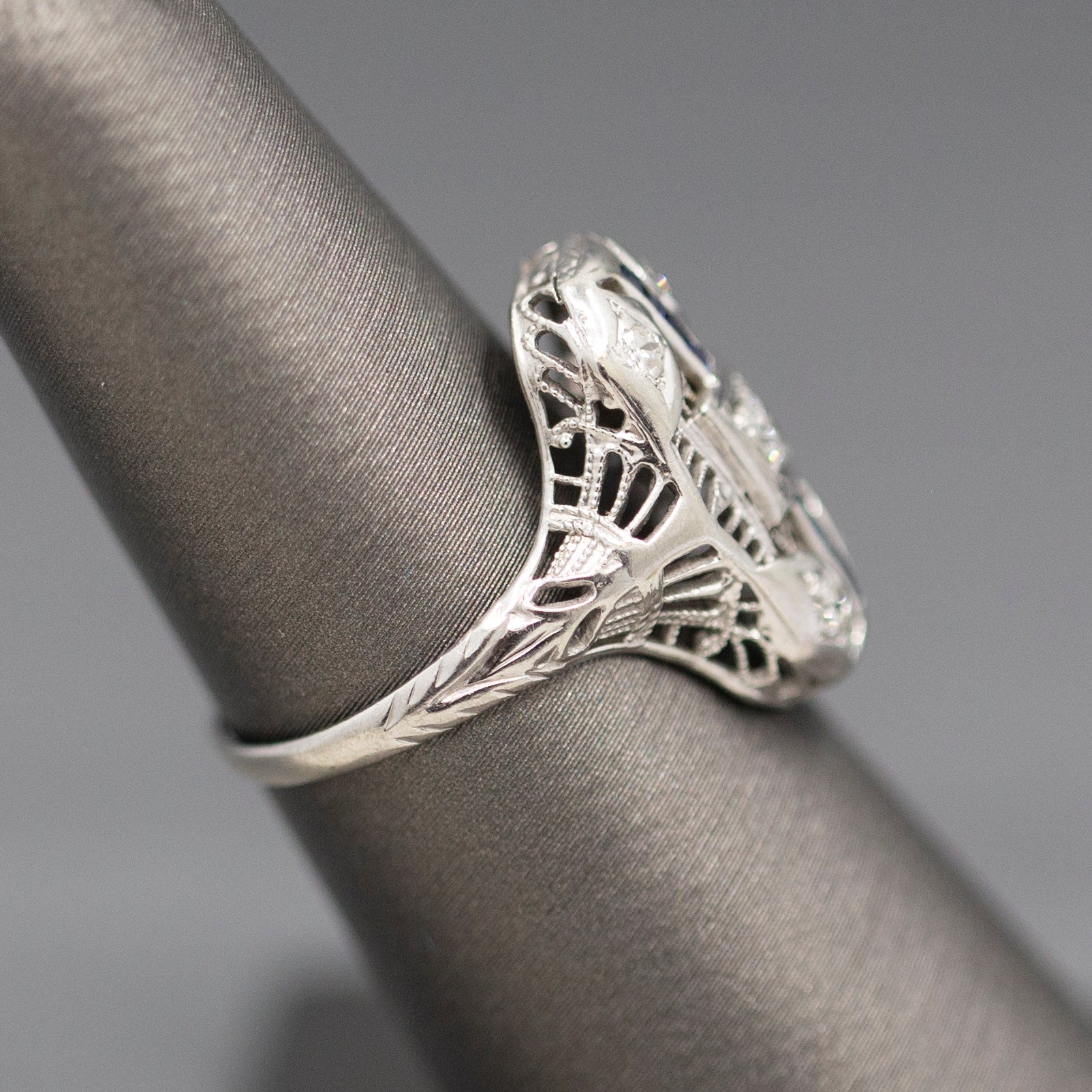 Antique Art Deco Petite Sapphire and Diamond Dinner Cocktail Ring in 18k White Gold