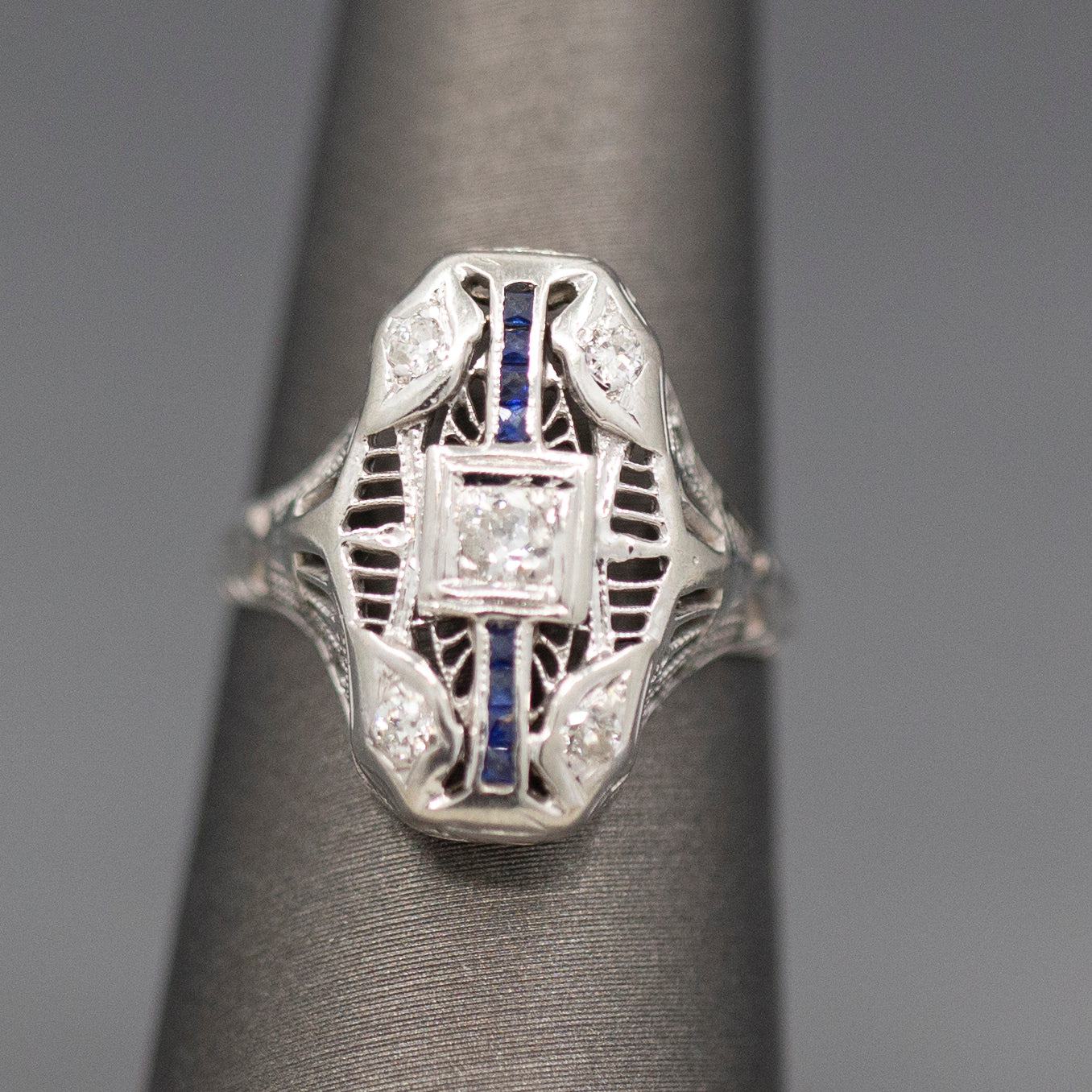 Antique Art Deco Petite Sapphire and Diamond Dinner Cocktail Ring in 18k White Gold