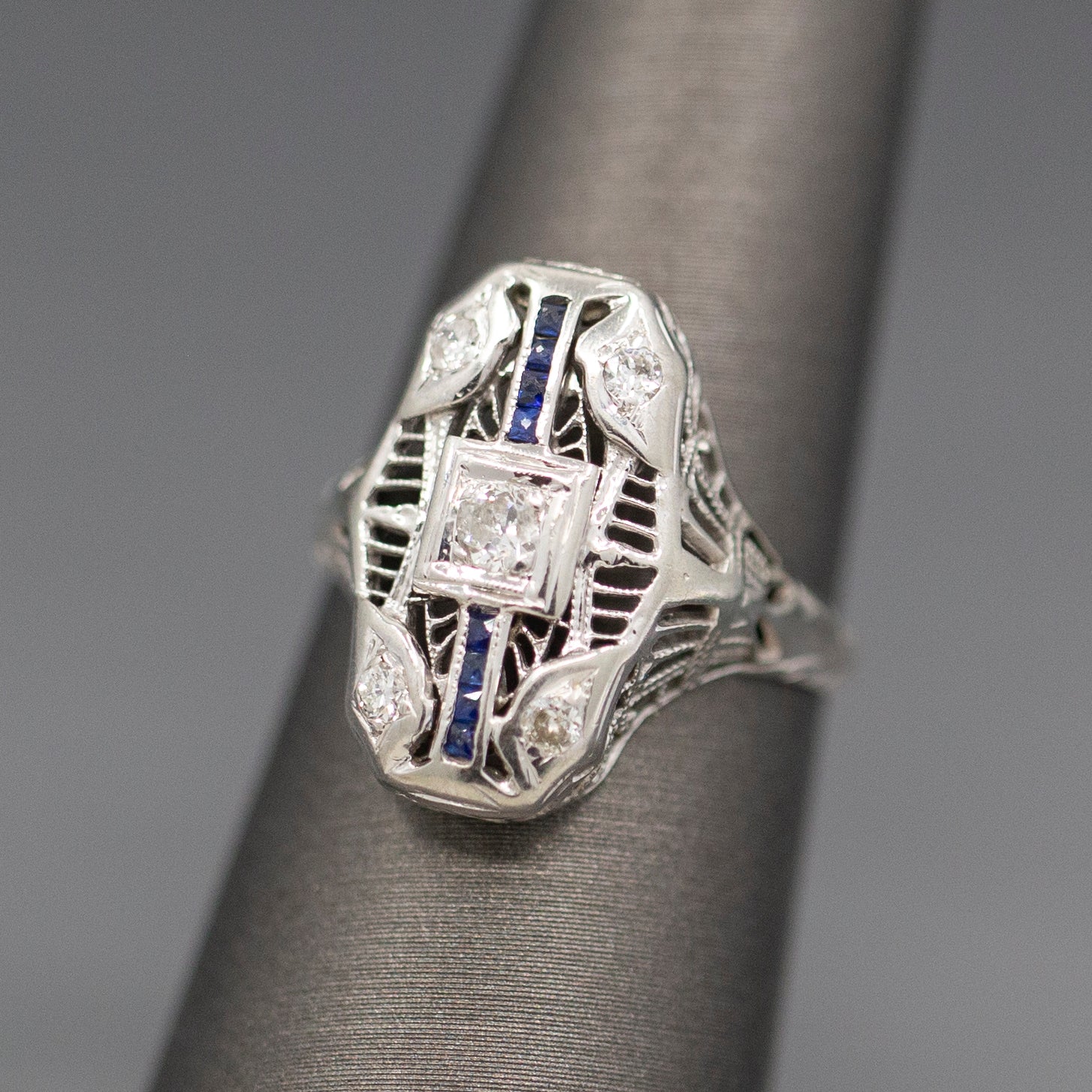 Antique Art Deco Petite Sapphire and Diamond Dinner Cocktail Ring in 18k White Gold
