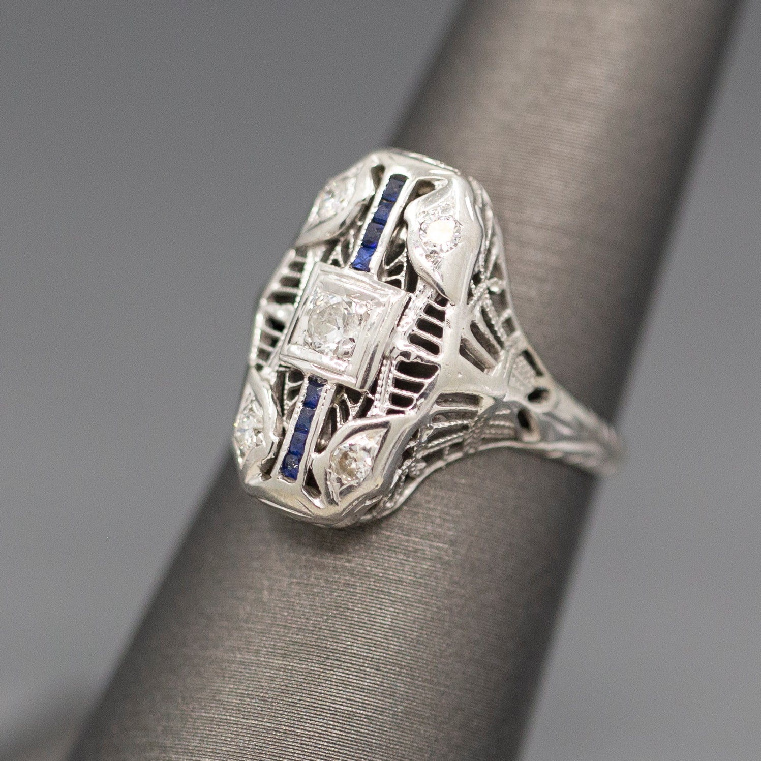 Antique Art Deco Petite Sapphire and Diamond Dinner Cocktail Ring in 18k White Gold