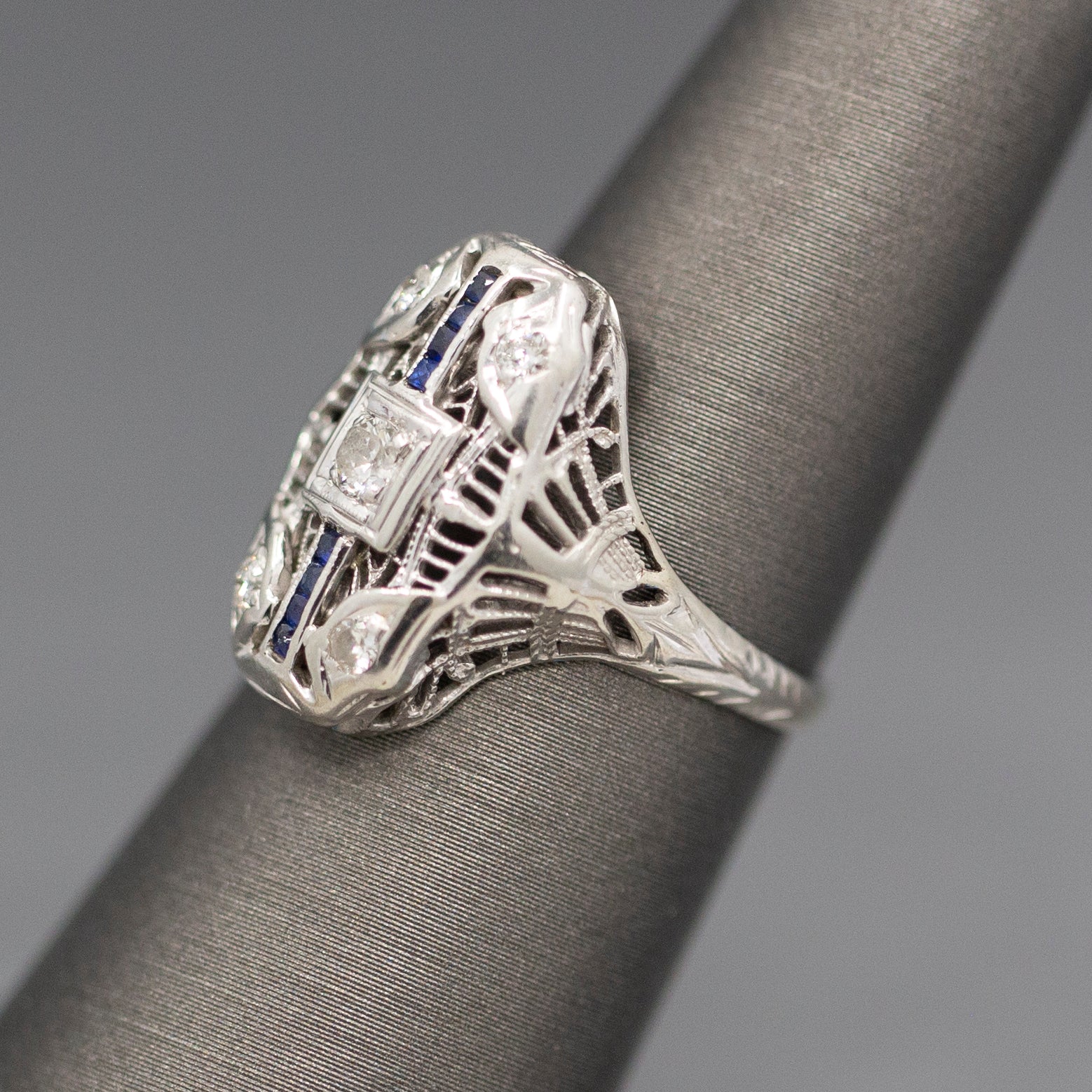 Antique Art Deco Petite Sapphire and Diamond Dinner Cocktail Ring in 18k White Gold