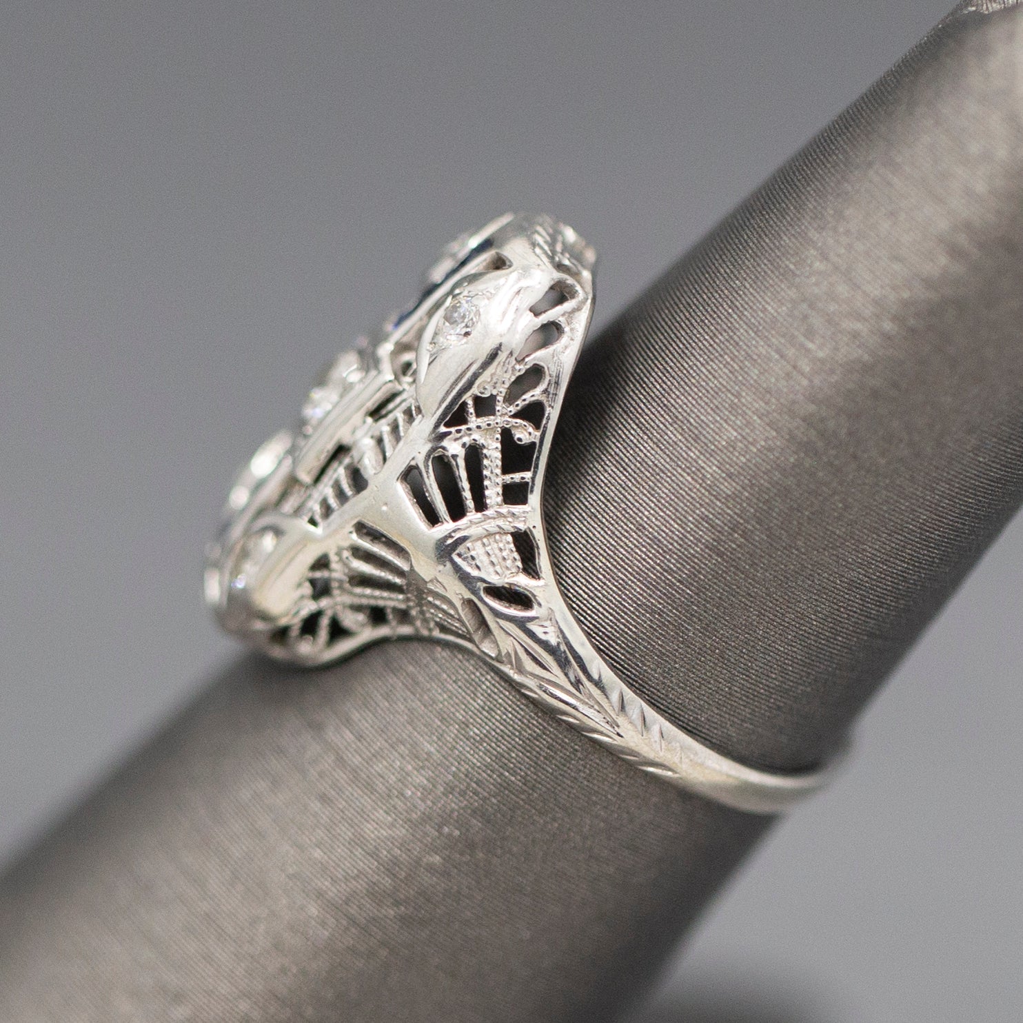 Antique Art Deco Petite Sapphire and Diamond Dinner Cocktail Ring in 18k White Gold