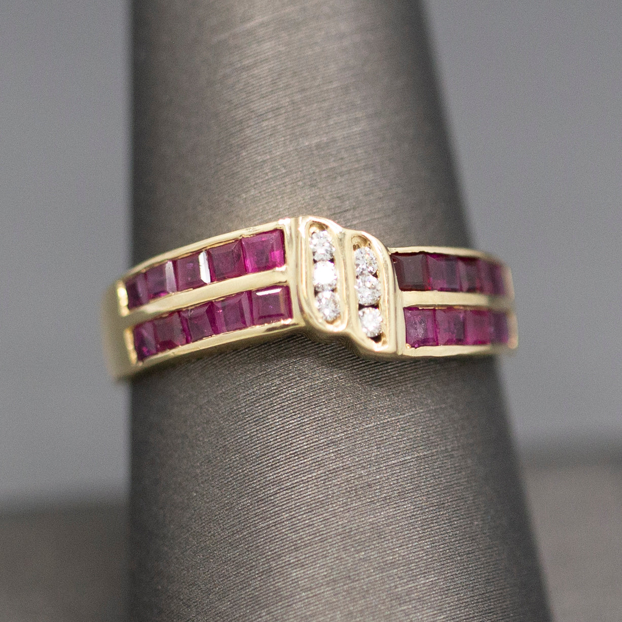 Ruby and Diamond Twist Channel Set Band Ring in 14k Yellow Gold