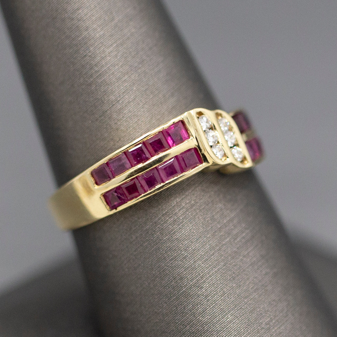 Ruby and Diamond Twist Channel Set Band Ring in 14k Yellow Gold