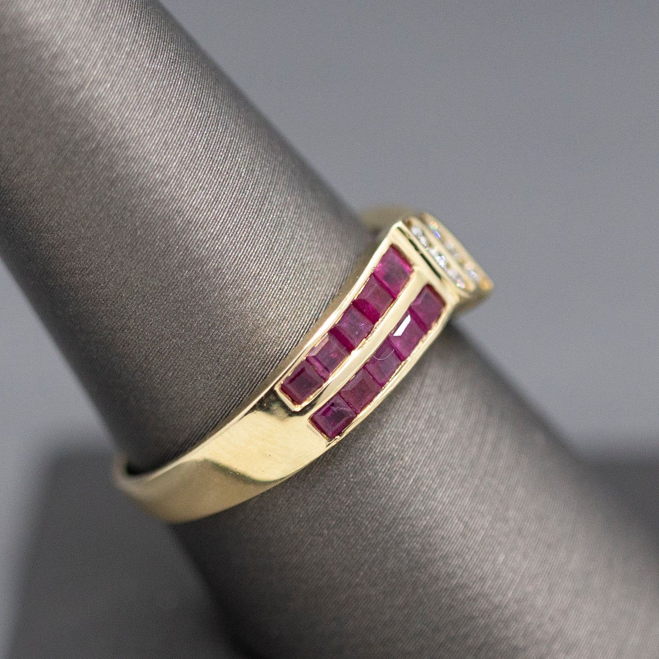 Ruby and Diamond Twist Channel Set Band Ring in 14k Yellow Gold