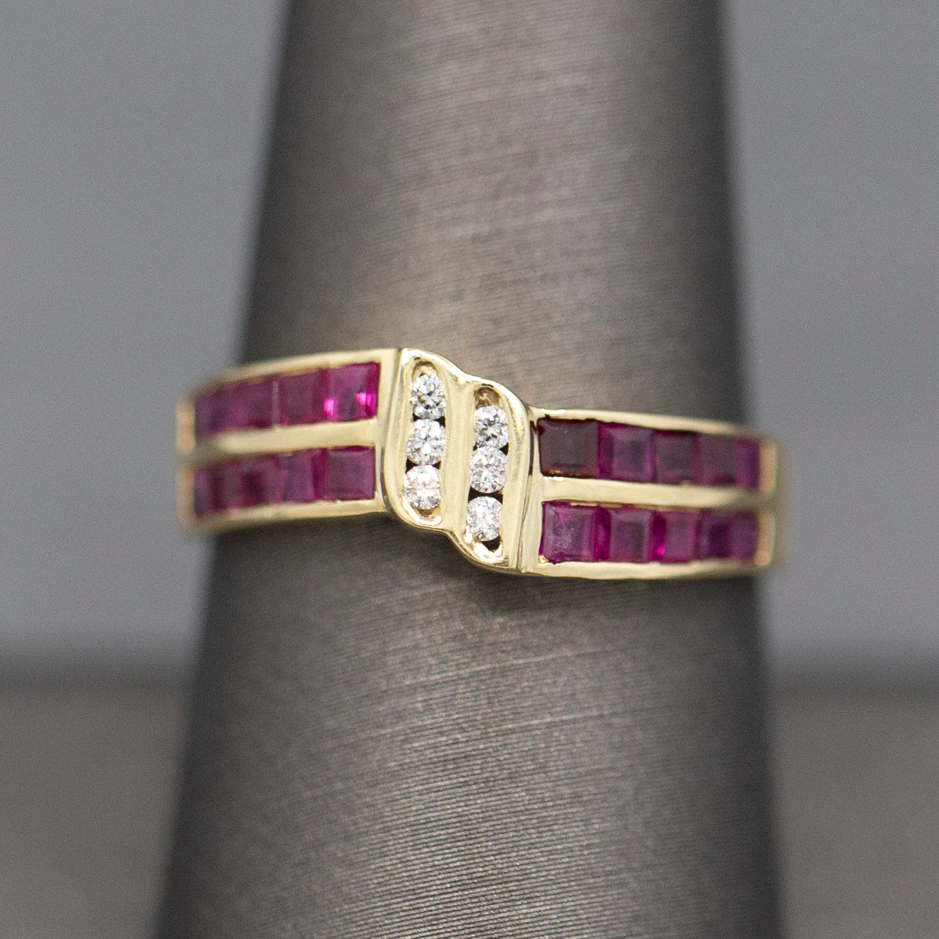 Ruby and Diamond Twist Channel Set Band Ring in 14k Yellow Gold