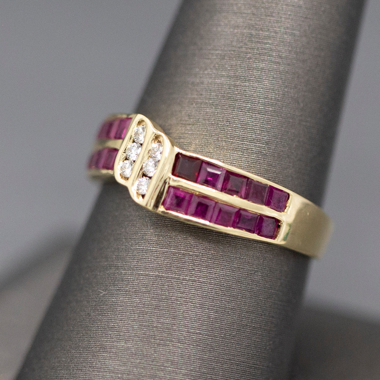 Ruby and Diamond Twist Channel Set Band Ring in 14k Yellow Gold