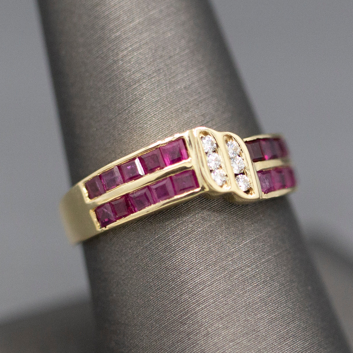 Ruby and Diamond Twist Channel Set Band Ring in 14k Yellow Gold