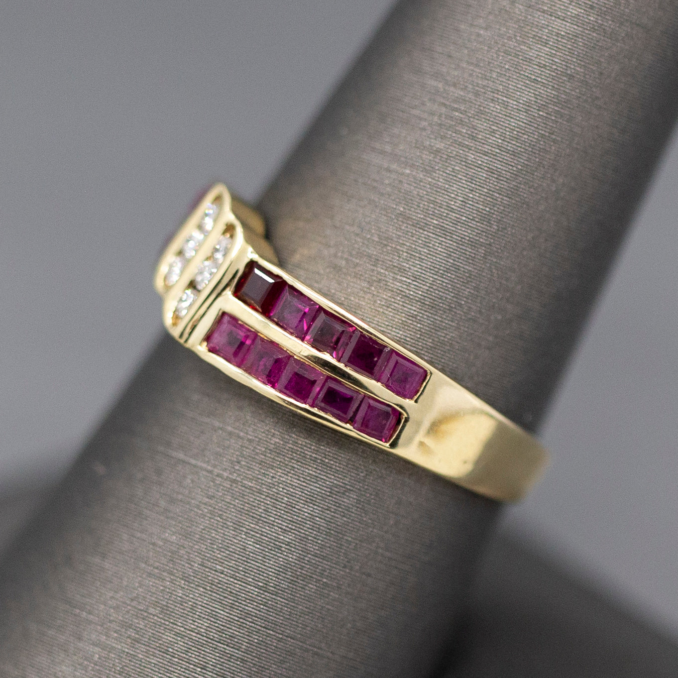Ruby and Diamond Twist Channel Set Band Ring in 14k Yellow Gold