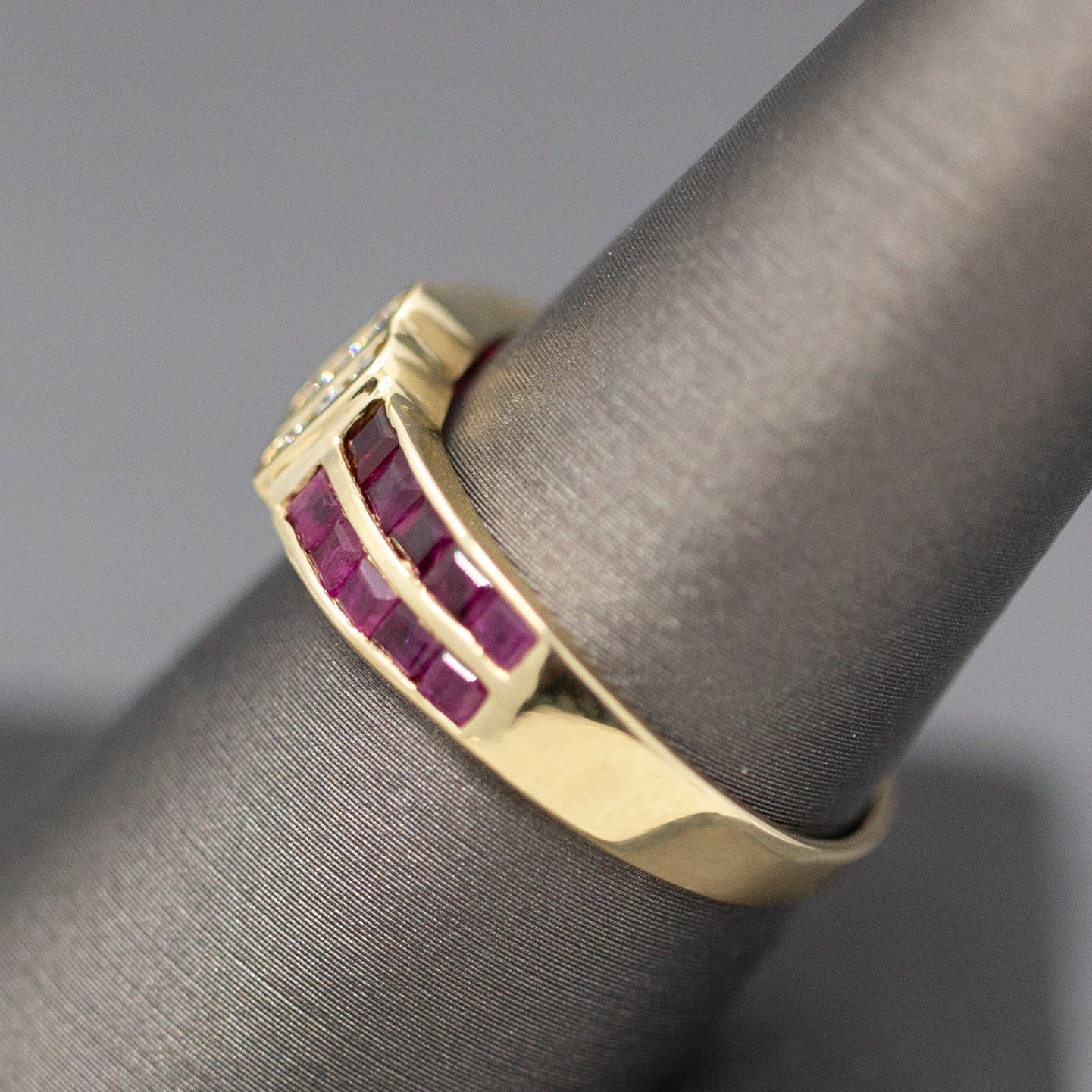 Ruby and Diamond Twist Channel Set Band Ring in 14k Yellow Gold