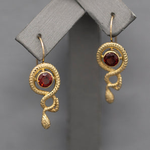 Handcrafted Snake Serpent Earrings with Bezel Set Hessonite Garnets in 14k Yellow Gold