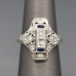 Gorgeous Art Deco Emerald Cut and Old European Cut Diamond and Sapphire Ring in Platinum