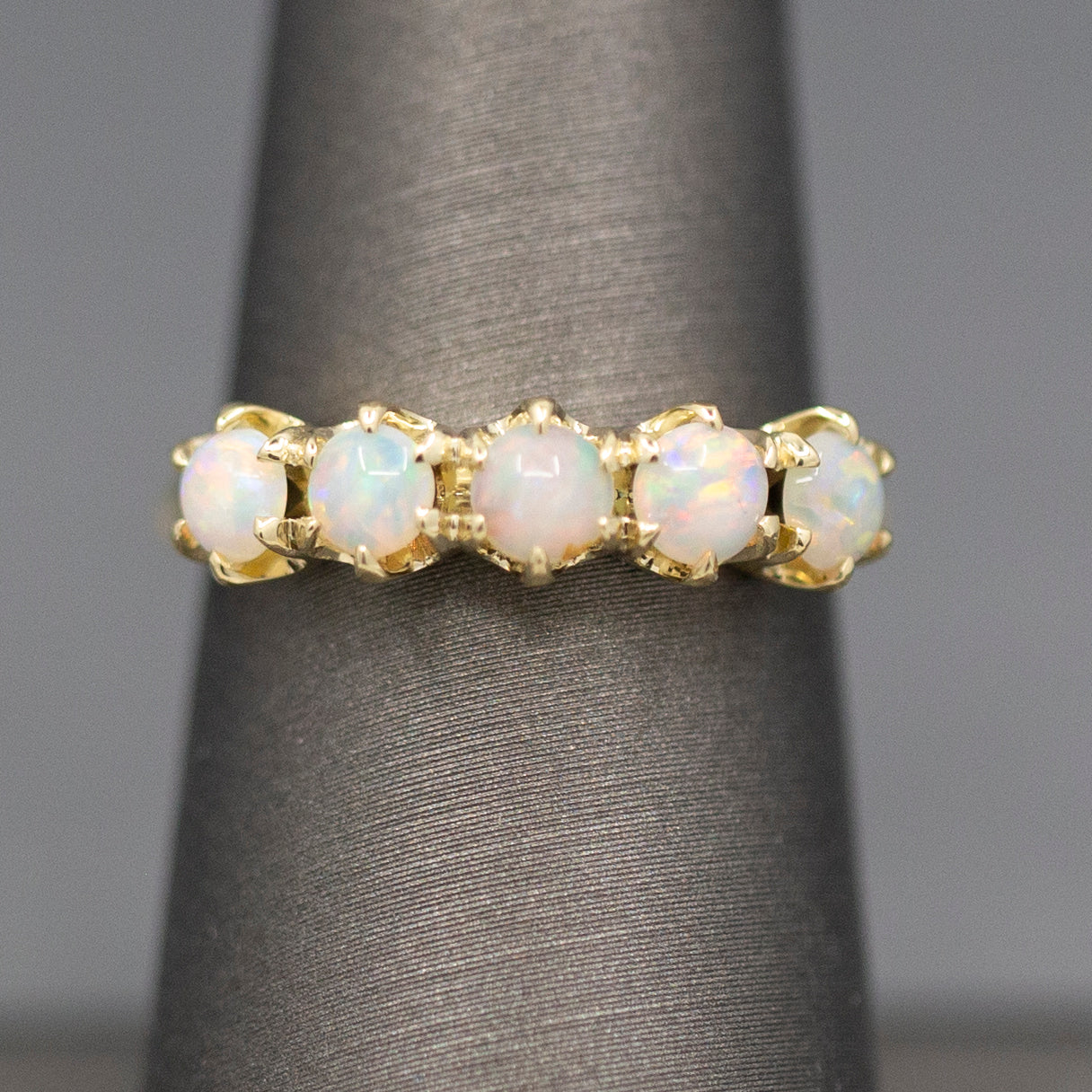 Handcrafted Opal Half Hoop Band Ring in 14k Yellow Gold