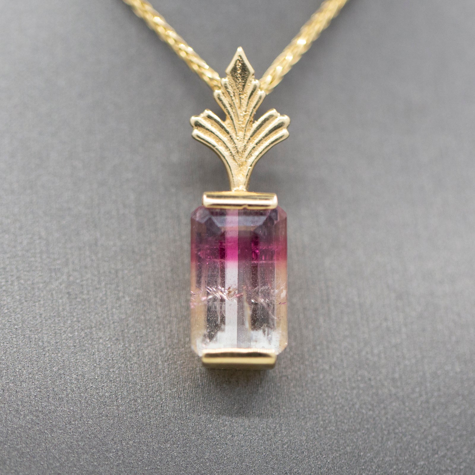 Bi-Color Emerald Cut Tourmaline Enhancer Pendant in 14k Yellow Gold
