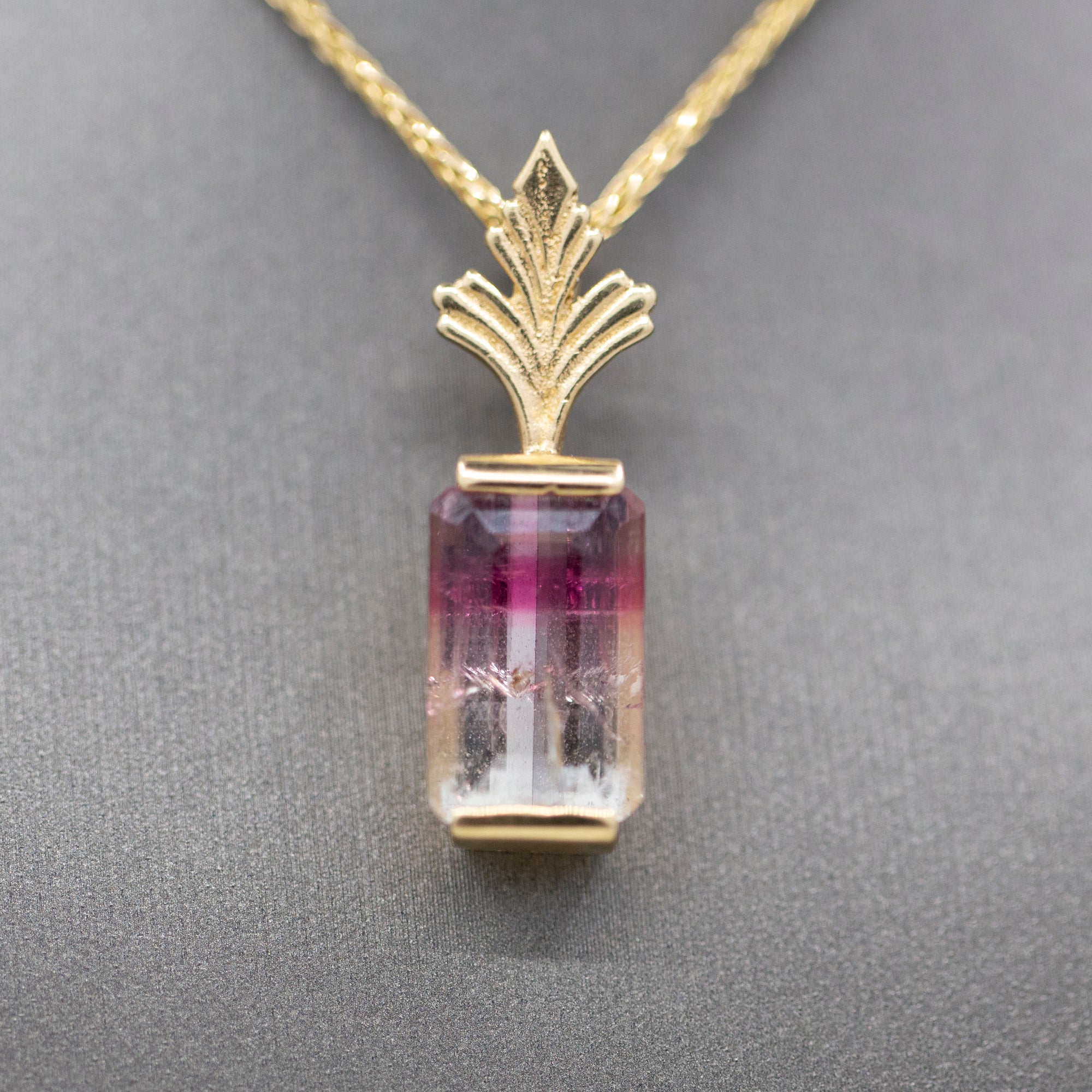 Bi-Color Emerald Cut Tourmaline Enhancer Pendant in 14k Yellow Gold