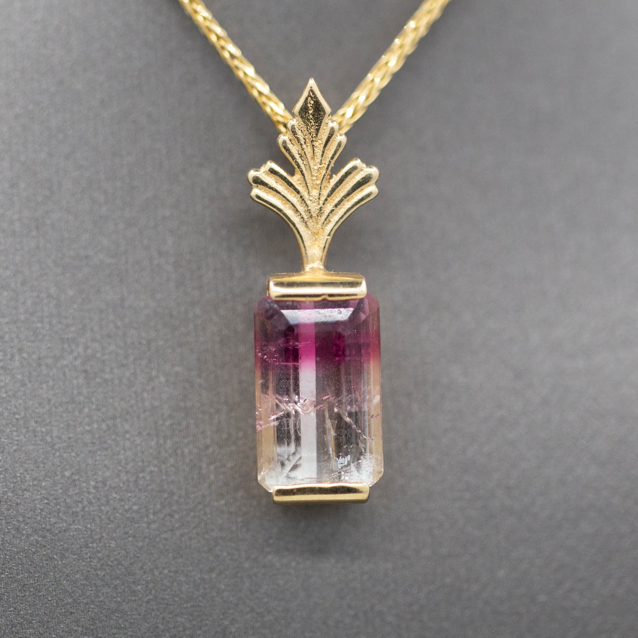 Bi-Color Emerald Cut Tourmaline Enhancer Pendant in 14k Yellow Gold