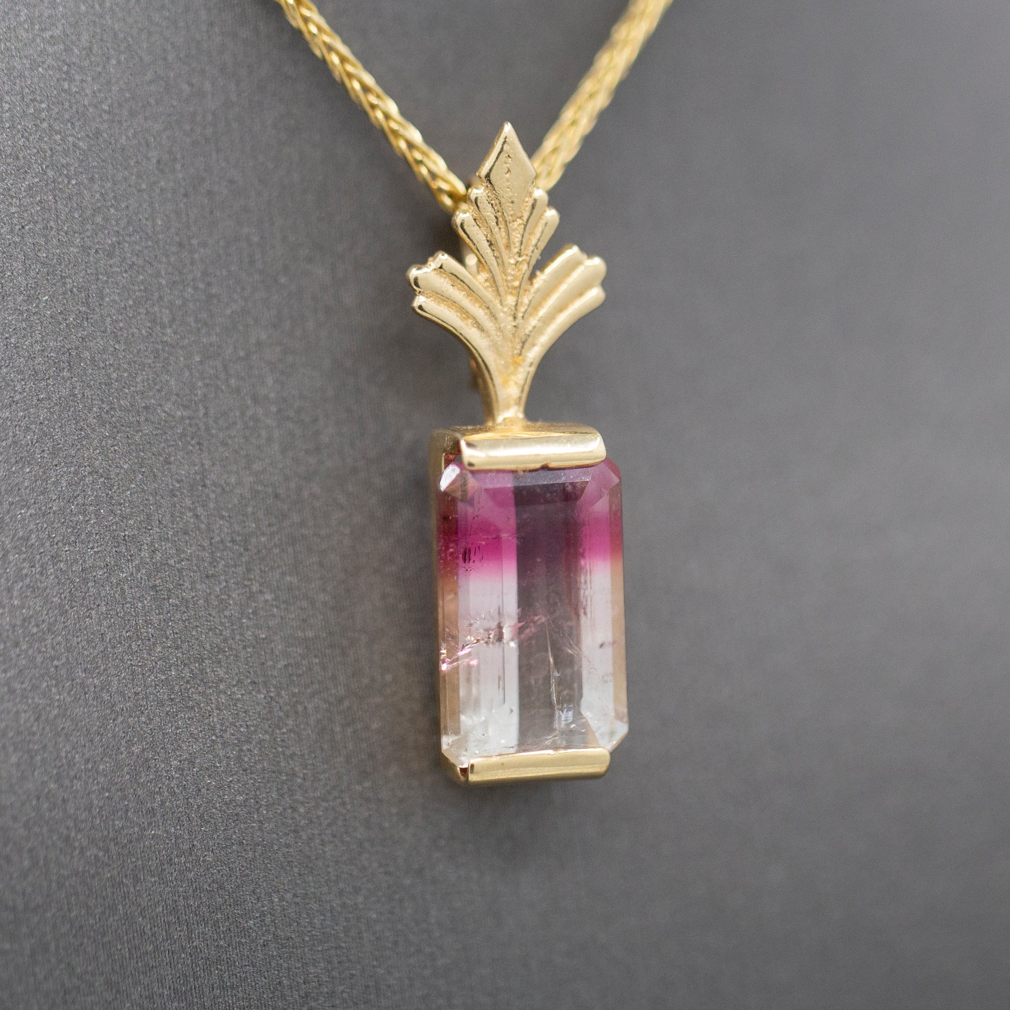 Bi-Color Emerald Cut Tourmaline Enhancer Pendant in 14k Yellow Gold