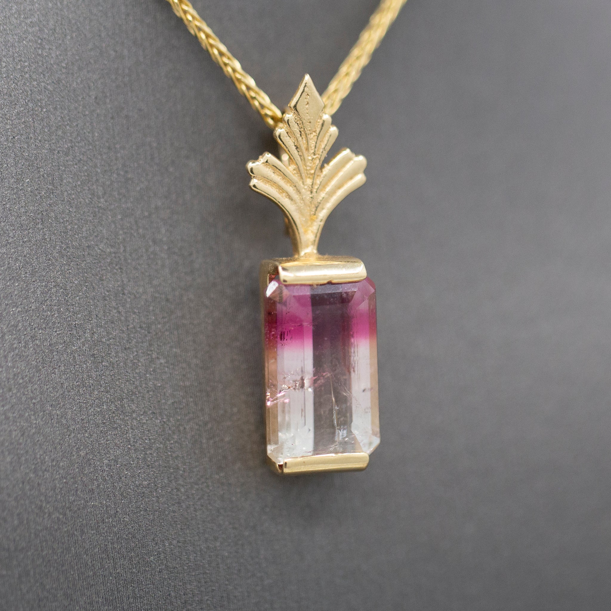 Bi-Color Emerald Cut Tourmaline Enhancer Pendant in 14k Yellow Gold