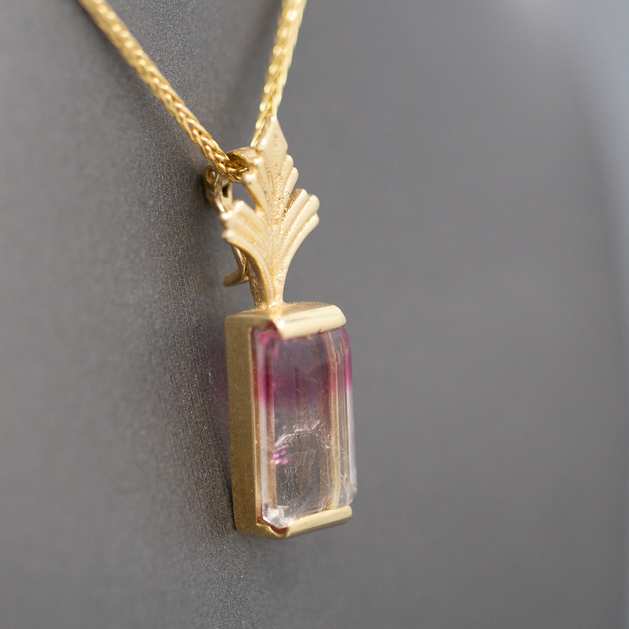 Bi-Color Emerald Cut Tourmaline Enhancer Pendant in 14k Yellow Gold