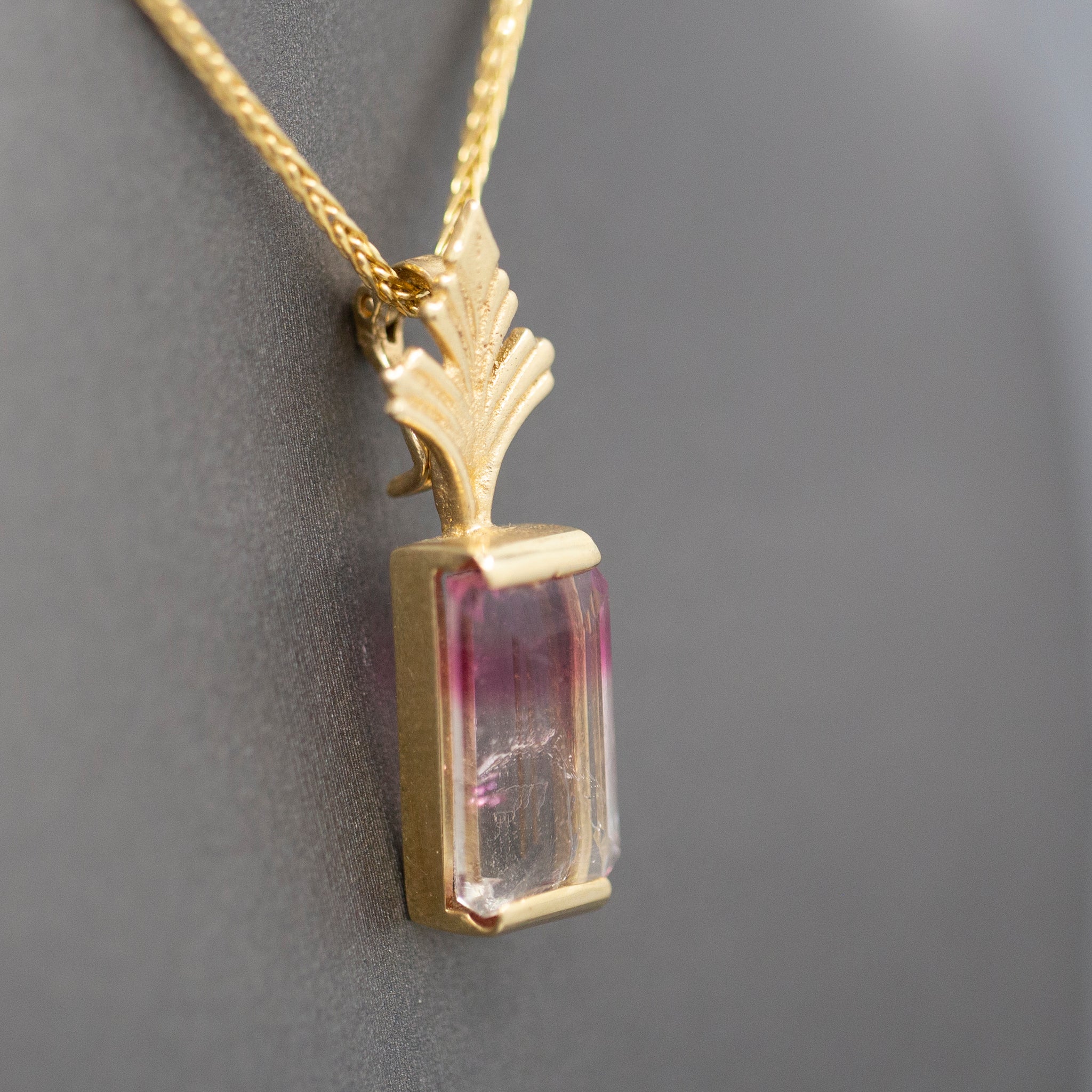 Bi-Color Emerald Cut Tourmaline Enhancer Pendant in 14k Yellow Gold