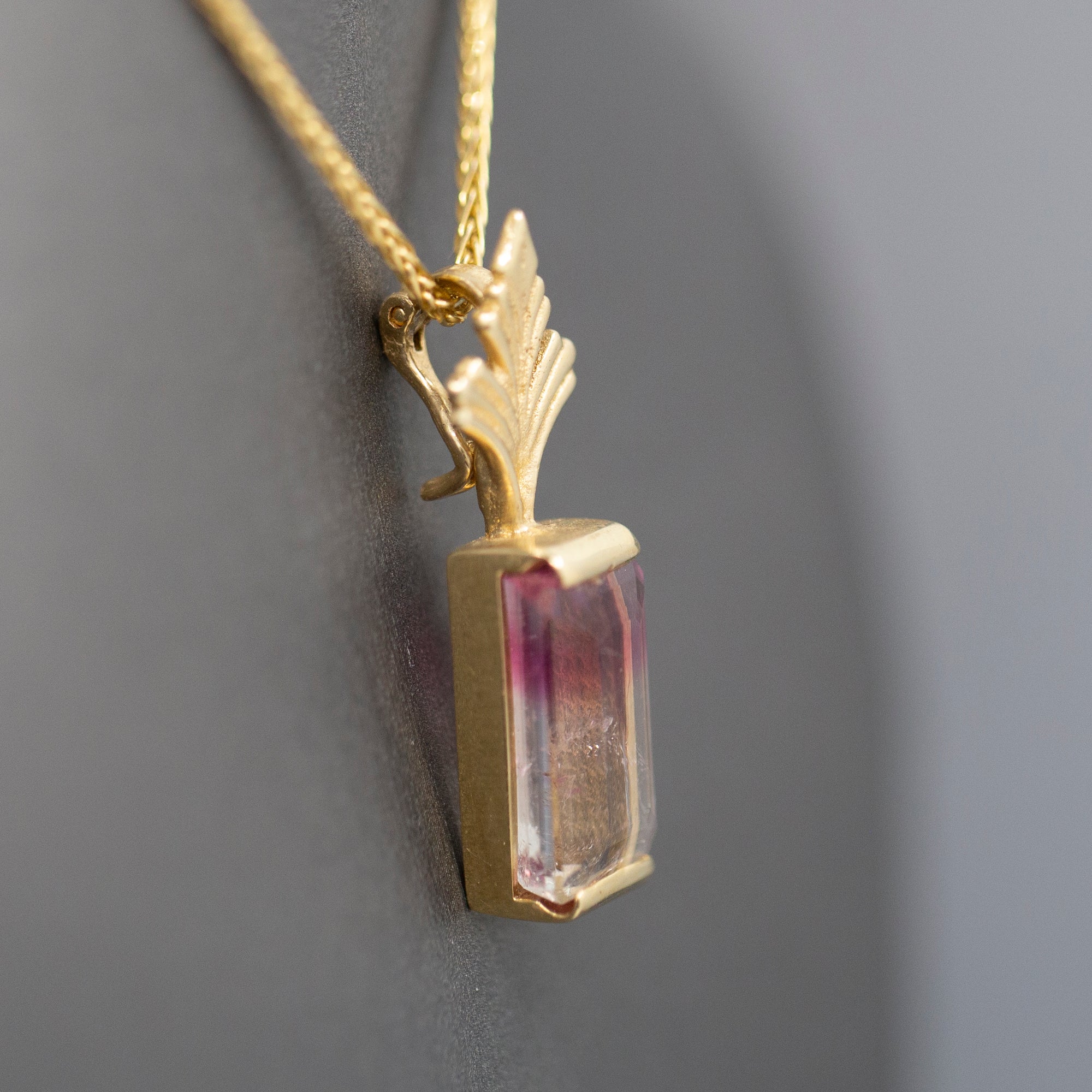 Bi-Color Emerald Cut Tourmaline Enhancer Pendant in 14k Yellow Gold