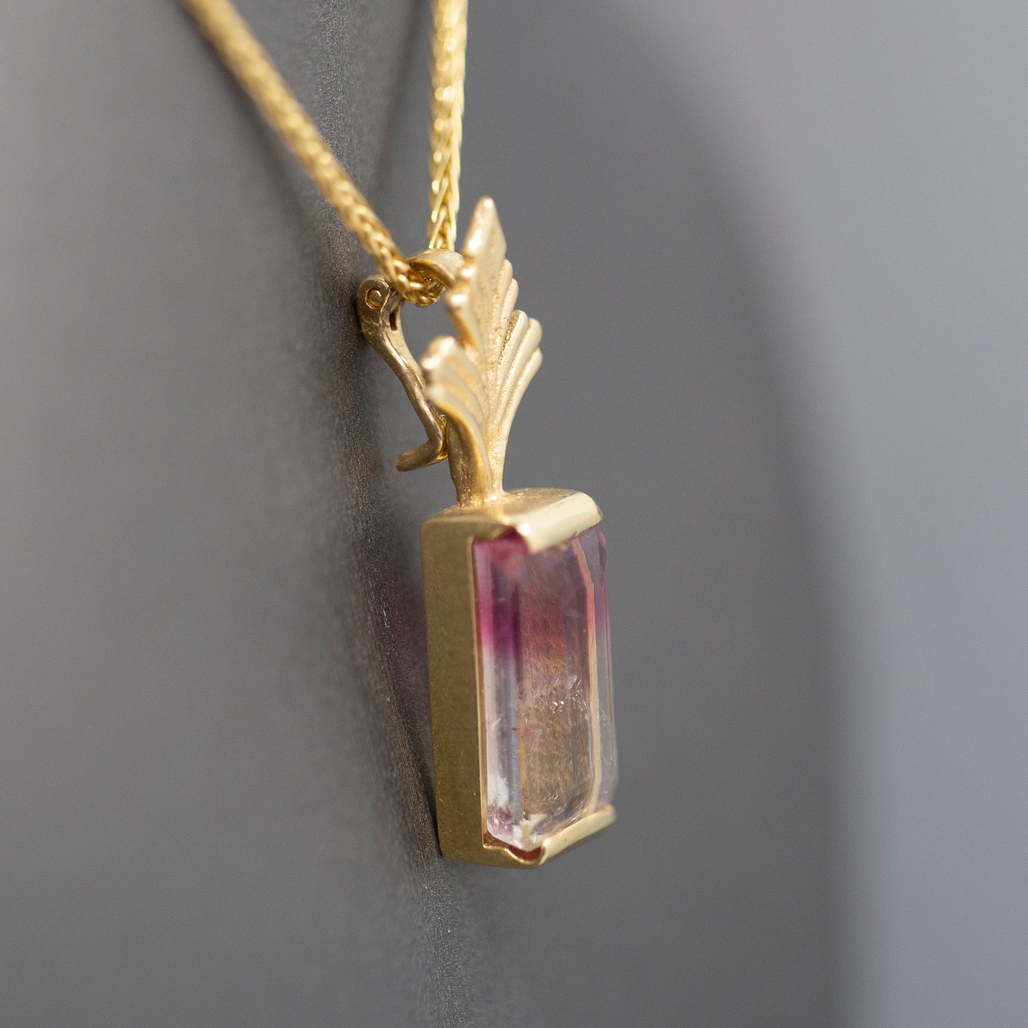 Bi-Color Emerald Cut Tourmaline Enhancer Pendant in 14k Yellow Gold