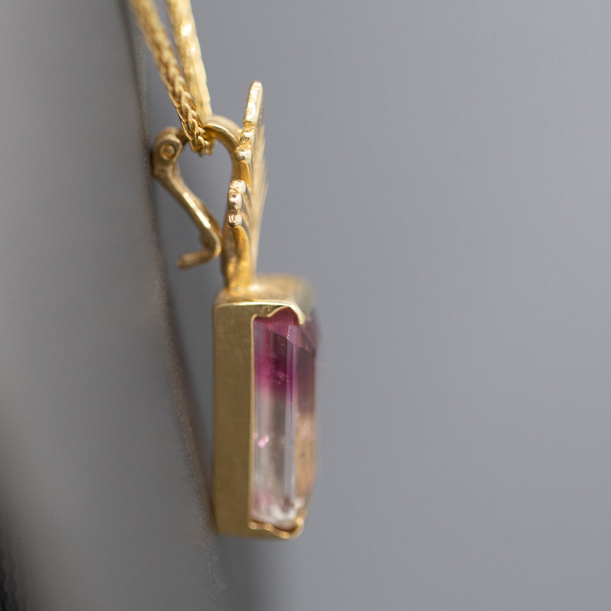 Bi-Color Emerald Cut Tourmaline Enhancer Pendant in 14k Yellow Gold