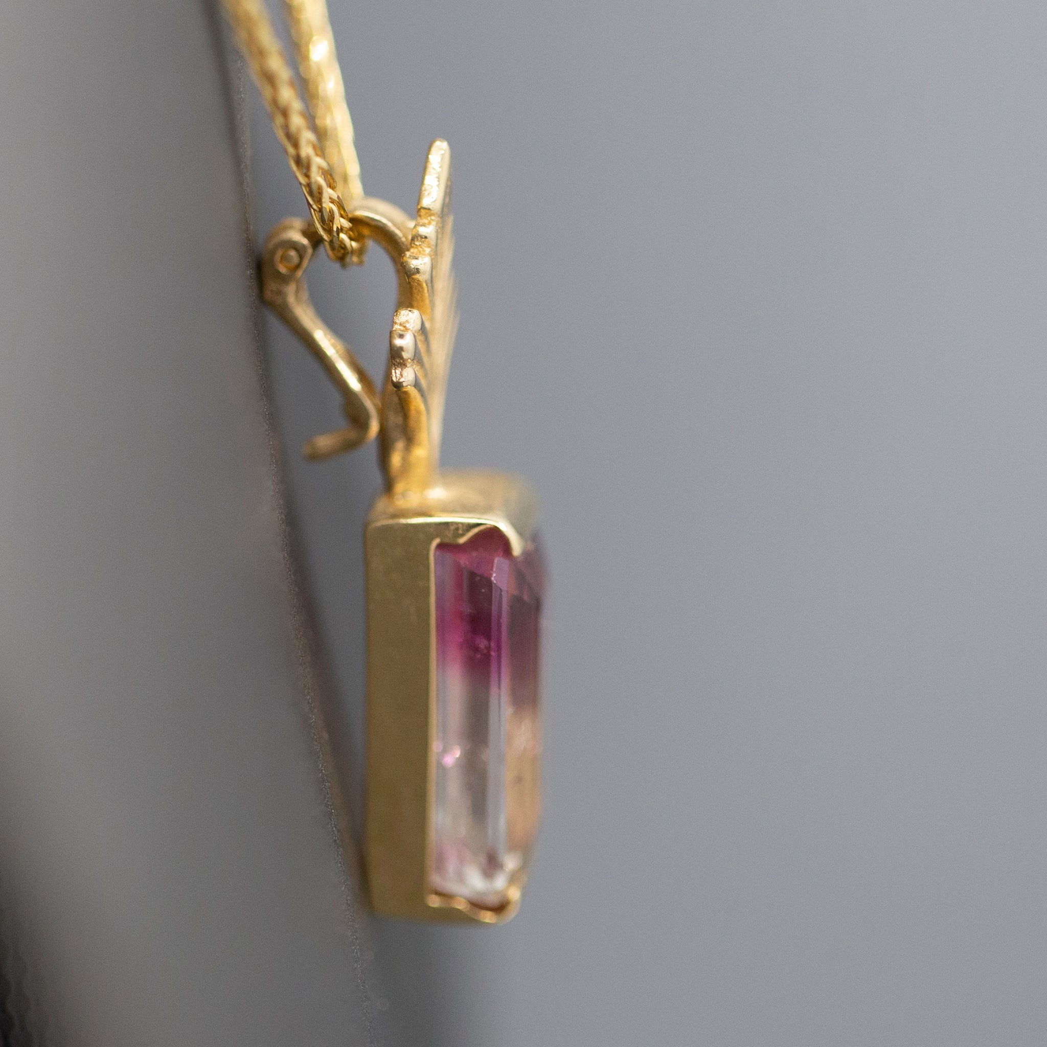 Bi-Color Emerald Cut Tourmaline Enhancer Pendant in 14k Yellow Gold