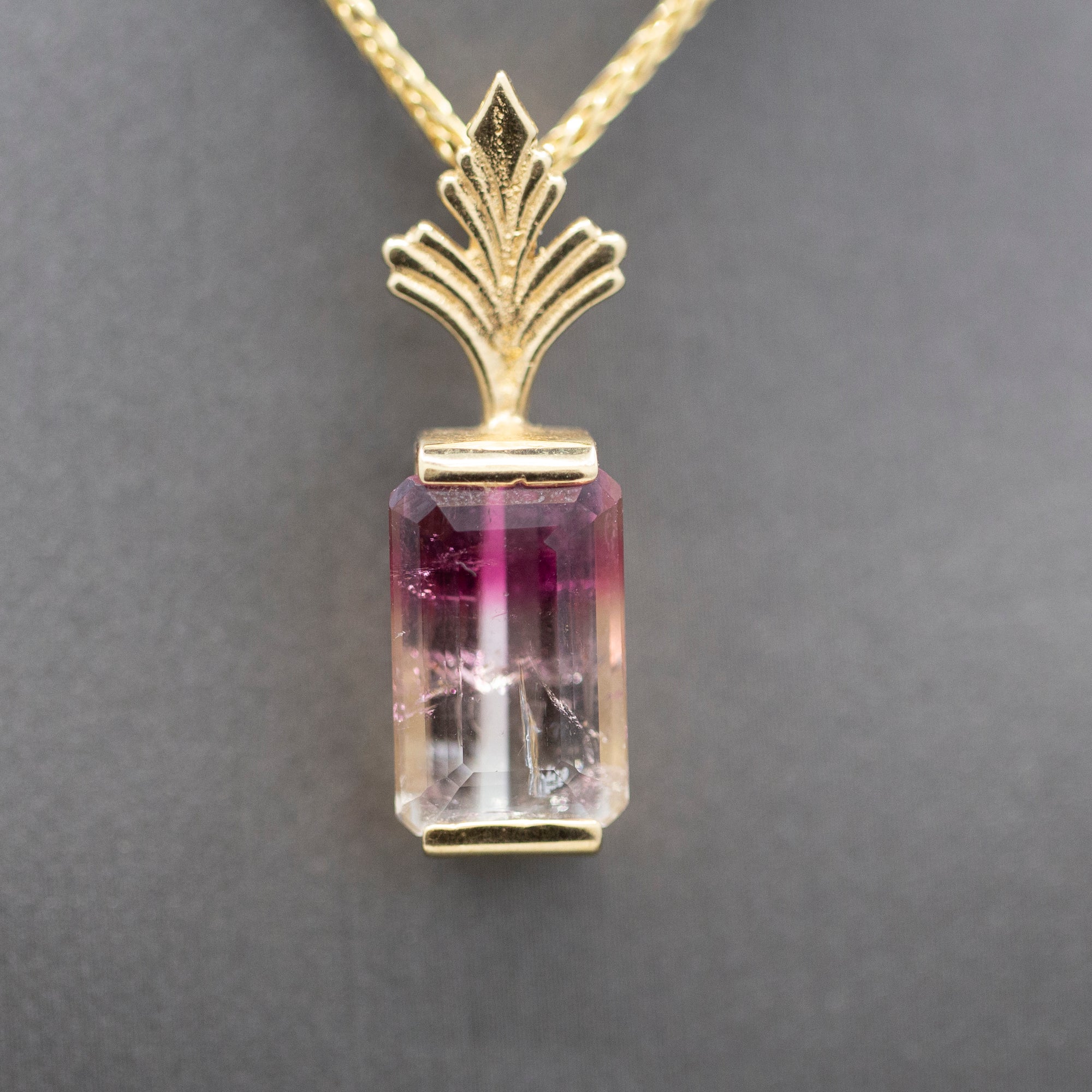 Bi-Color Emerald Cut Tourmaline Enhancer Pendant in 14k Yellow Gold