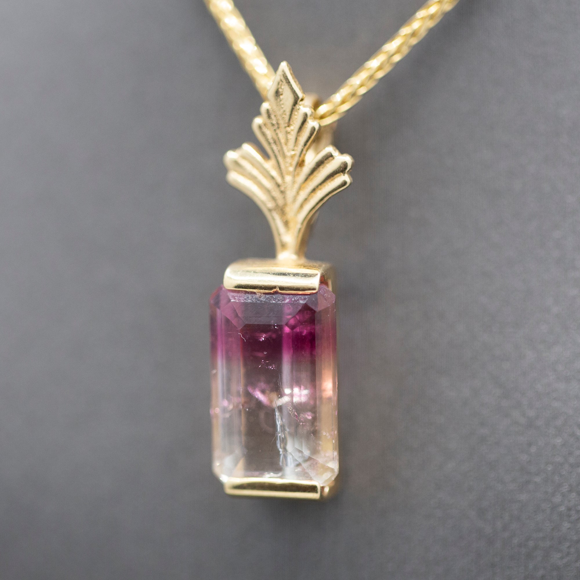 Bi-Color Emerald Cut Tourmaline Enhancer Pendant in 14k Yellow Gold