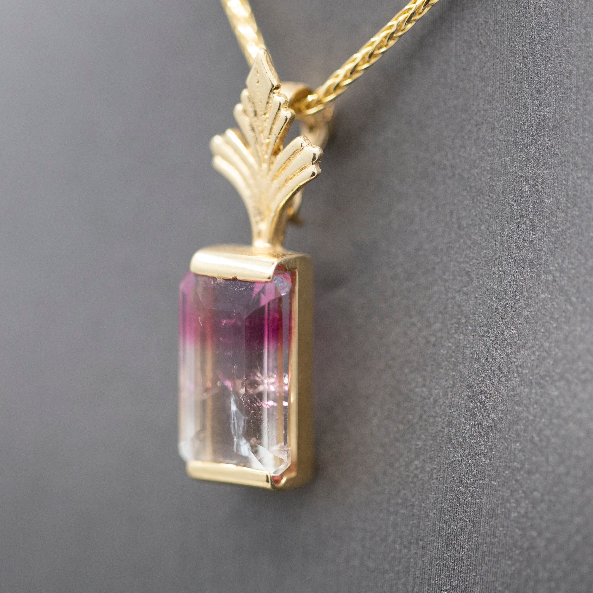 Bi-Color Emerald Cut Tourmaline Enhancer Pendant in 14k Yellow Gold