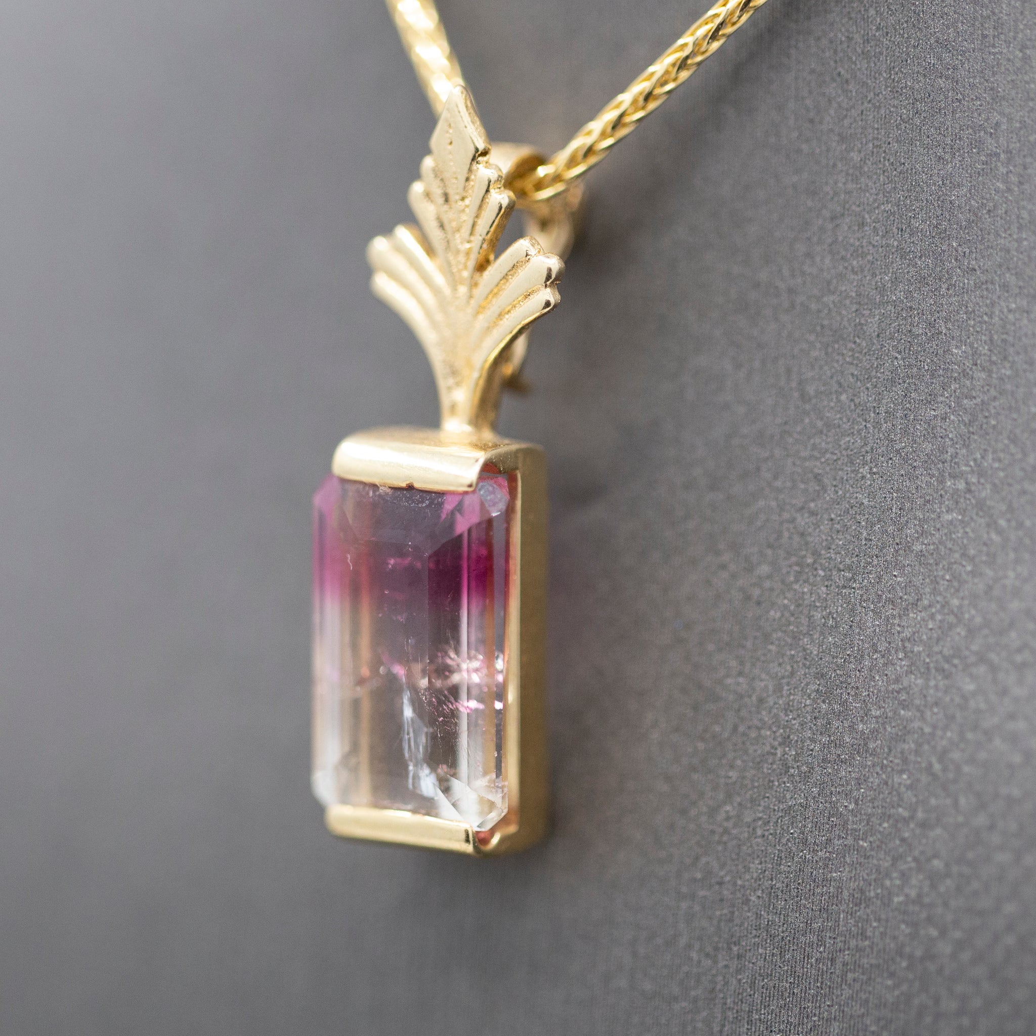 Bi-Color Emerald Cut Tourmaline Enhancer Pendant in 14k Yellow Gold