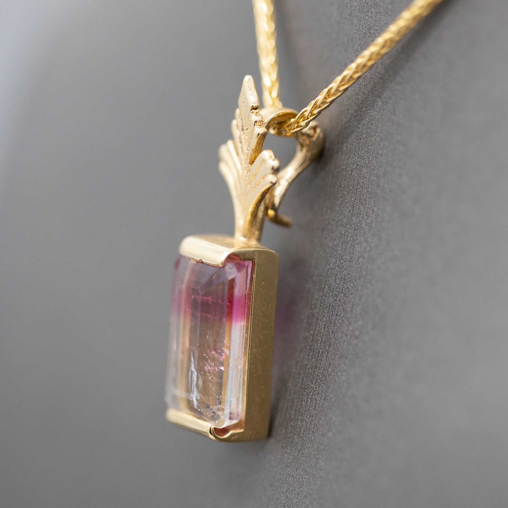 Bi-Color Emerald Cut Tourmaline Enhancer Pendant in 14k Yellow Gold