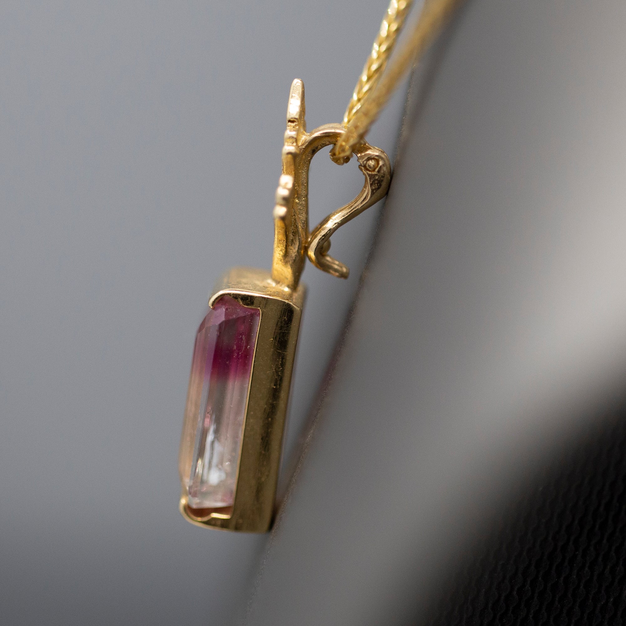 Bi-Color Emerald Cut Tourmaline Enhancer Pendant in 14k Yellow Gold
