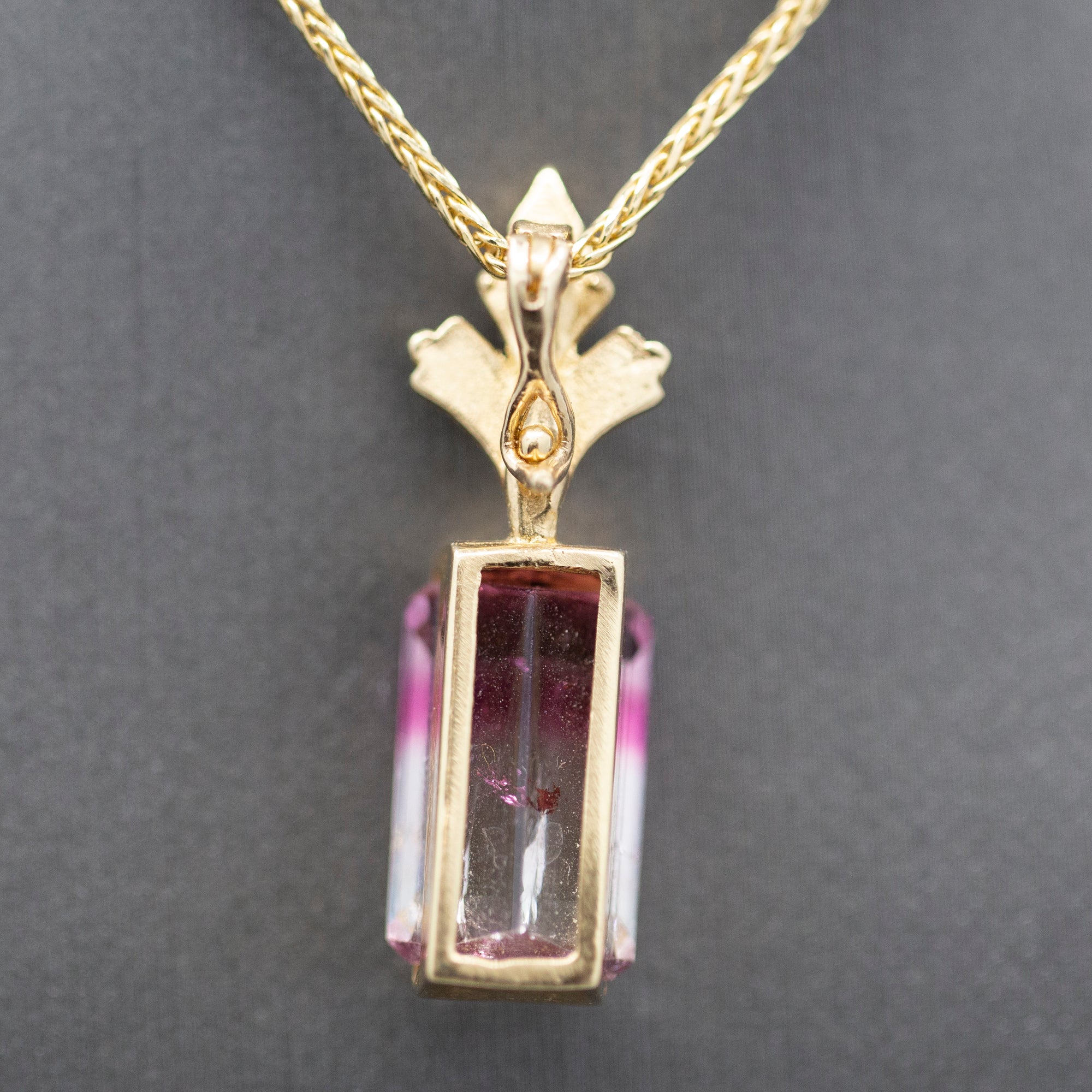 Bi-Color Emerald Cut Tourmaline Enhancer Pendant in 14k Yellow Gold