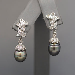 Ringed Tahitian Black Pearl Dangle Earrings with Channel Set Baguette DIamond Tops in 18k White Gold